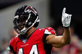 ATLANTA, GEORGIA - DECEMBER 22:  Vic Beasley Jr. #44 of the Atlanta Falcons reacts after sacking Gardner Minshew II #15 of the Jacksonville Jaguars in the first half at Mercedes-Benz Stadium on December 22, 2019 in Atlanta, Georgia. (Photo by Kevin C. Cox