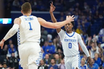 LEXINGTON, KENTUCKY - NOVEMBER 24: Nate Sestina #1 and Ashton Hagans #0 of the Kentucky Wildcats during the first half of the NCAA basketball game against the Lamar Cardinals at Rupp Arena on November 24, 2019 in Lexington, Kentucky. (Photo by Bryan Wools
