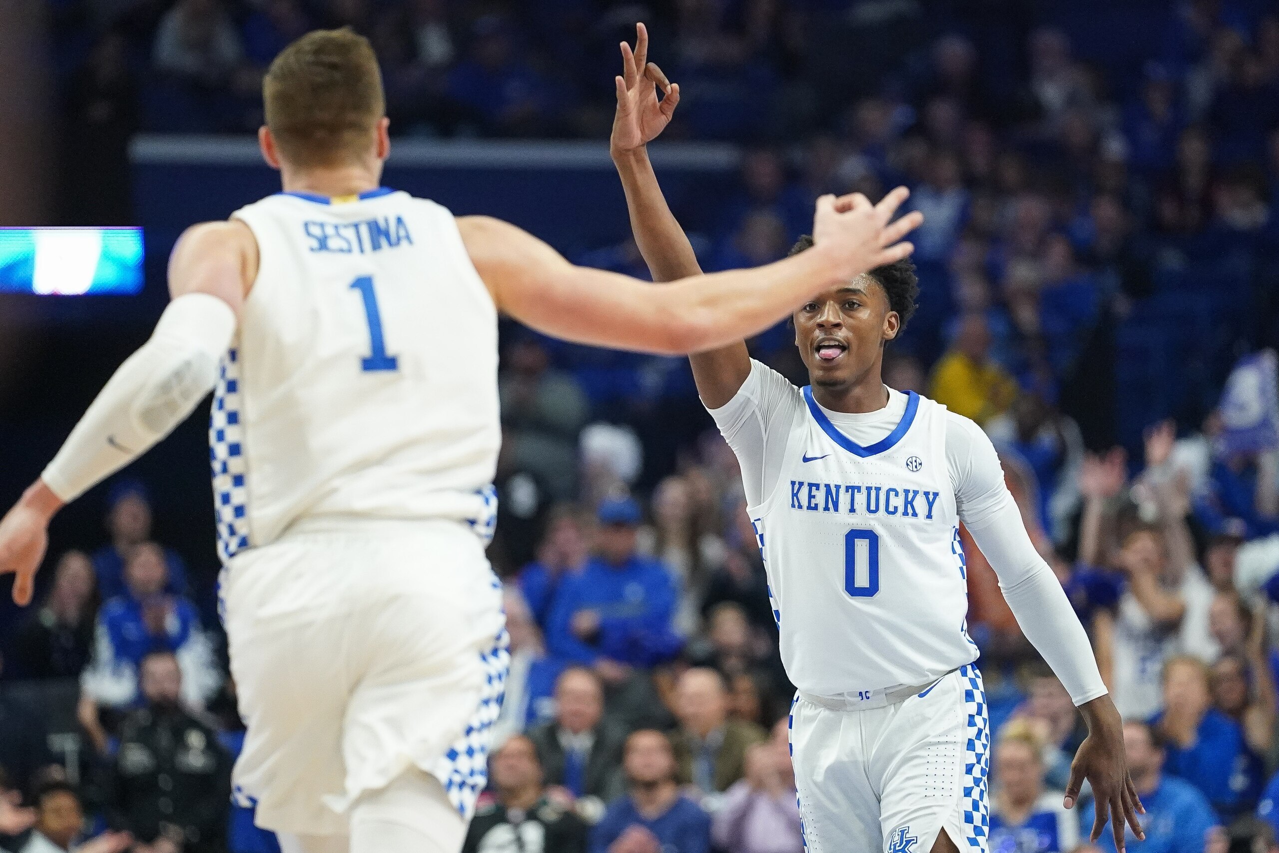 LEXINGTON, KENTUCKY - NOVEMBER 24: Nate Sestina #1 and Ashton Hagans #0 of the Kentucky Wildcats during the first half of the NCAA basketball game against the Lamar Cardinals at Rupp Arena on November 24, 2019 in Lexington, Kentucky. (Photo by Bryan Wools