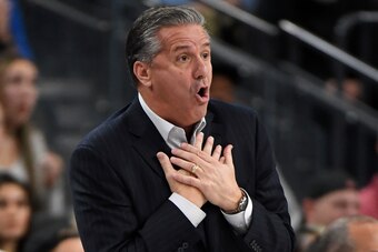 LAS VEGAS, NEVADA - DECEMBER 21:  Head coach John Calipari of the Kentucky Wildcats reacts during his team's game against the Ohio State Buckeyes during the CBS Sports Classic at T-Mobile Arena on December 21, 2019 in Las Vegas, Nevada. The Buckeyes defea