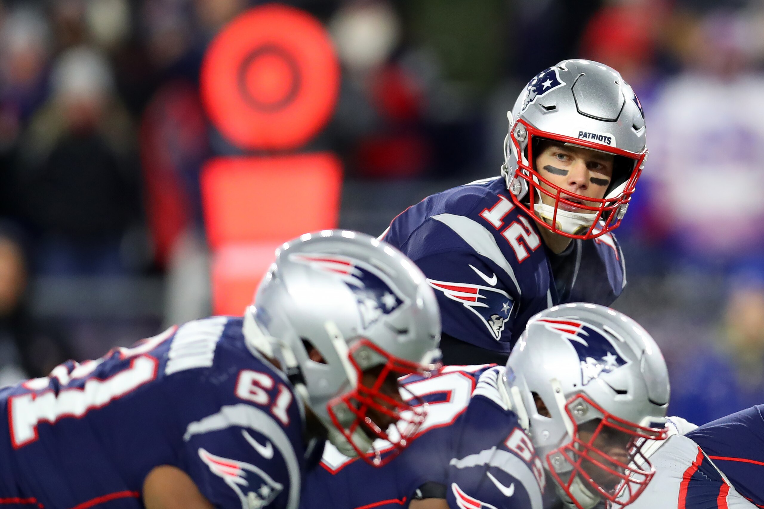 FOXBOROUGH, MASSACHUSETTS - DECEMBER 21: Tom Brady #12 of the New England Patriots calls a play during the game against the Buffalo Bills at Gillette Stadium on December 21, 2019 in Foxborough, Massachusetts. (Photo by Maddie Meyer/Getty Images)