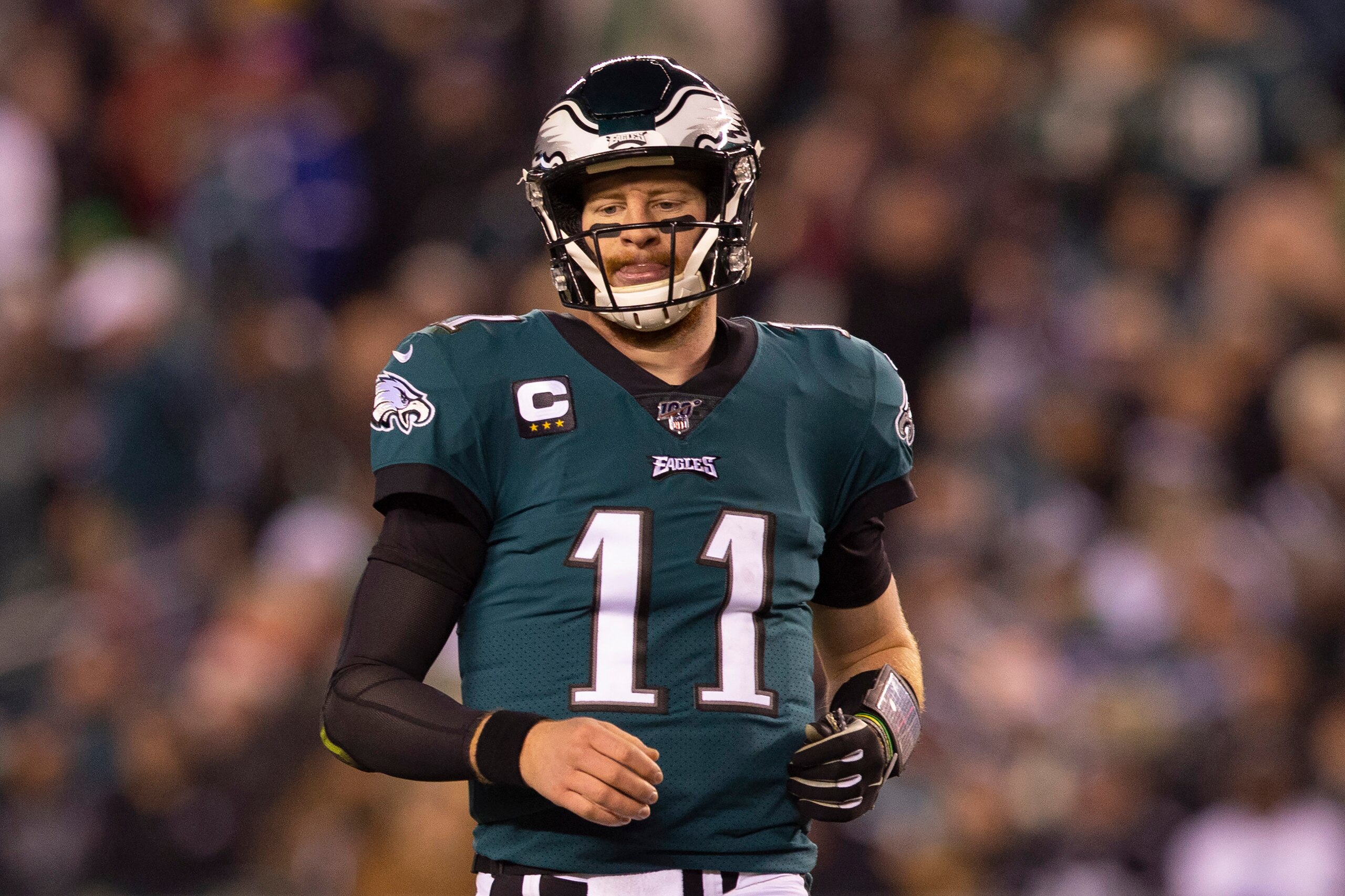PHILADELPHIA, PA - DECEMBER 22: Carson Wentz #11 of the Philadelphia Eagles looks on against the Dallas Cowboys at Lincoln Financial Field on December 22, 2019 in Philadelphia, Pennsylvania. (Photo by Mitchell Leff/Getty Images)