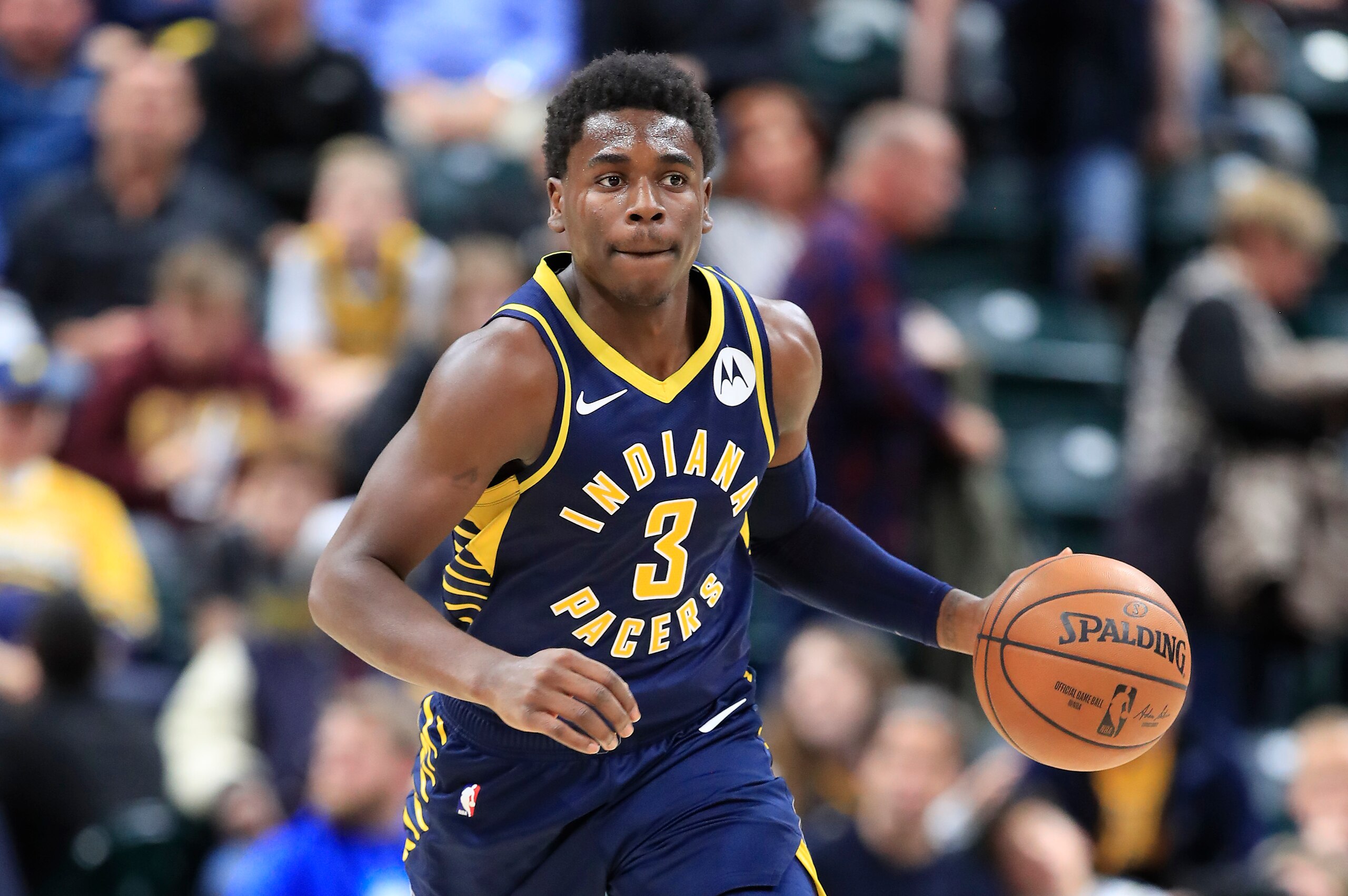 INDIANAPOLIS, INDIANA - NOVEMBER 06:  Aaron Holiday #3 of the Indiana Pacers dribbles the ball against the Washington Wizards at Bankers Life Fieldhouse on November 06, 2019 in Indianapolis, Indiana.     NOTE TO USER: User expressly acknowledges and agree