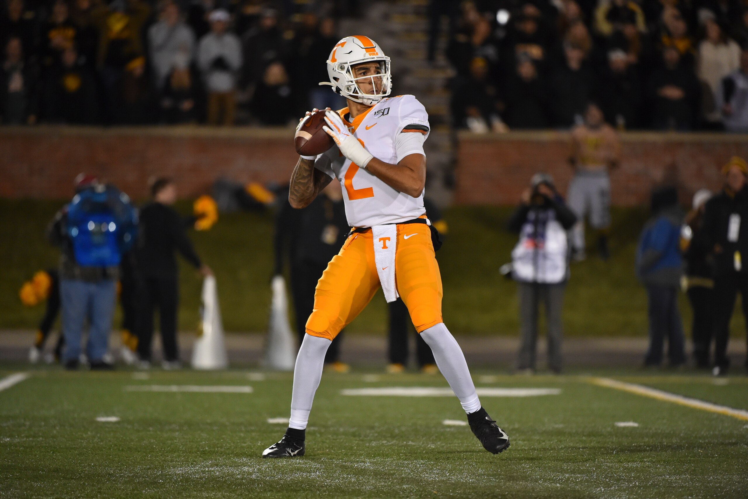 COLUMBIA, MO - NOVEMBER 23: Quarterback Jarrett Guarantano #2 of the Tennessee Volunteers passes against the Missouri Tigers at Memorial Stadium on November 23, 2019 in Columbia, Missouri. (Photo by Ed Zurga/Getty Images)