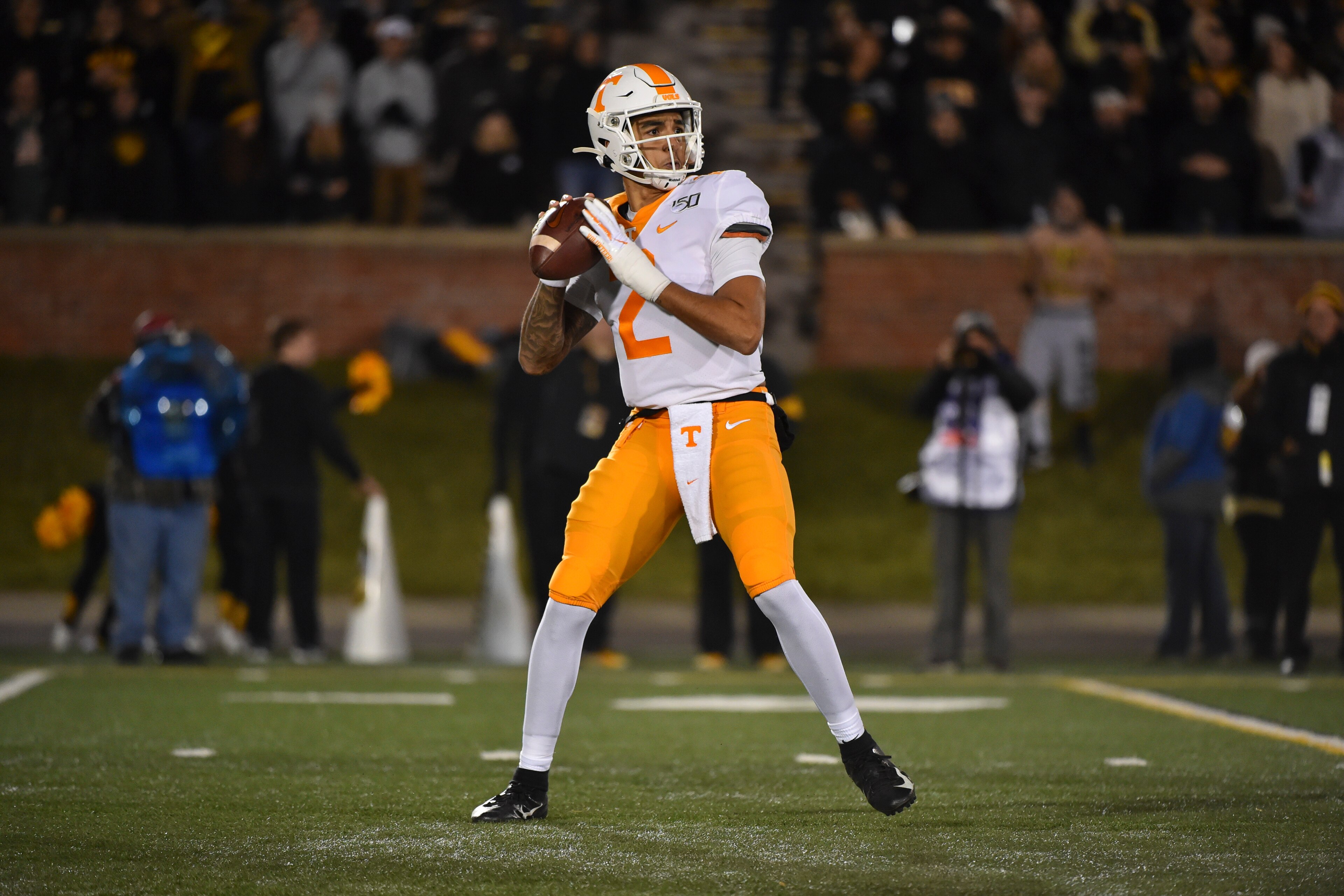 COLUMBIA, MO - NOVEMBER 23: Quarterback Jarrett Guarantano #2 of the Tennessee Volunteers passes against the Missouri Tigers at Memorial Stadium on November 23, 2019 in Columbia, Missouri. (Photo by Ed Zurga/Getty Images) COLUMBIA, MO - NOVEMBER 23: Quarterback Jarrett Guarantano #2 of the Tennessee Volunteers passes against the Missouri Tigers at Memorial Stadium on November 23, 2019 in Columbia, Missouri. (Photo by Ed Zurga/Getty Images)