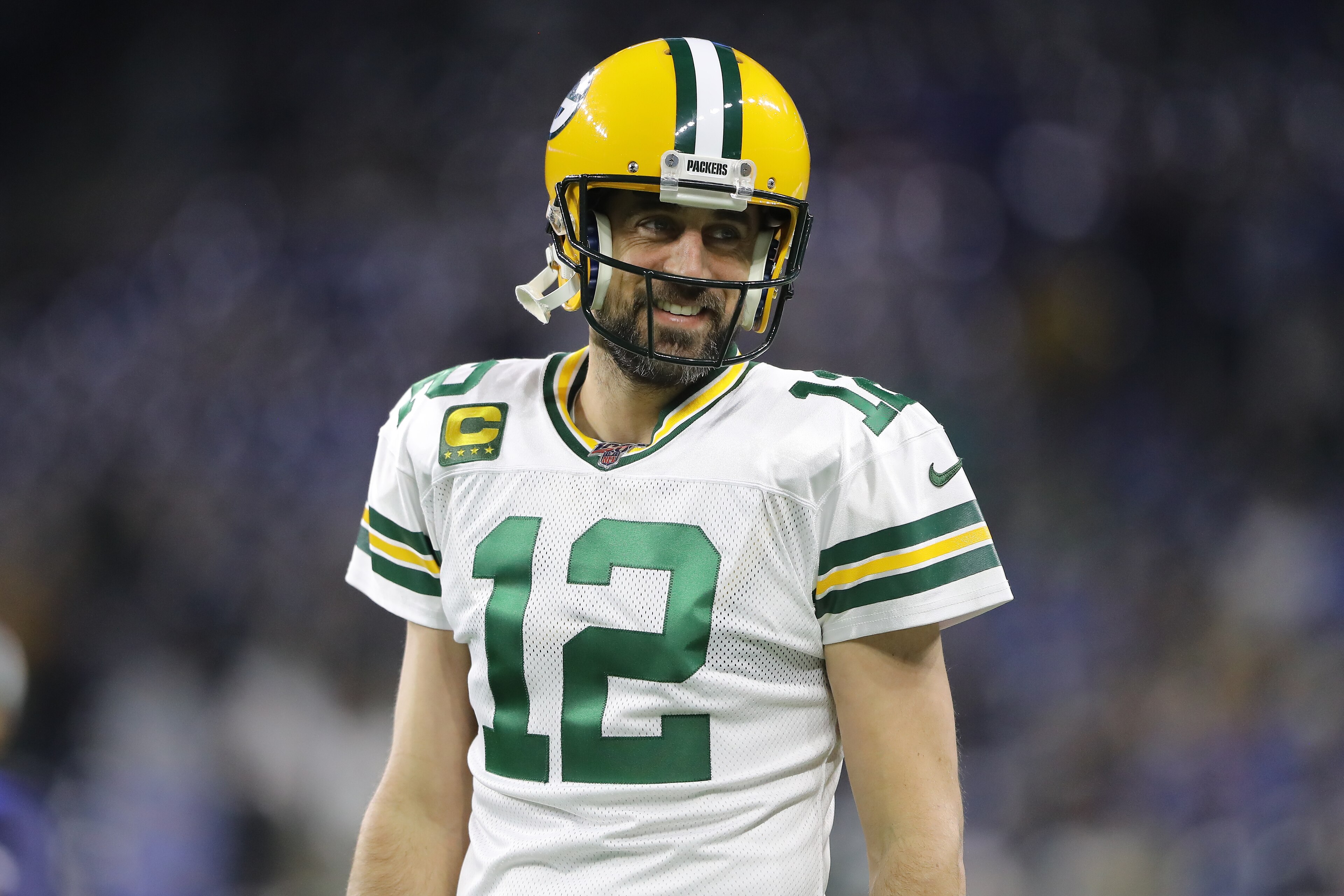 DETROIT, MI - DECEMBER 29: Aaron Rodgers #12 of the Green Bay Packers smiles during warms up prior to the start of the game aganist the Detroit Lions at Ford Field on December 29, 2019 in Detroit, Michigan. (Photo by Rey Del Rio/Getty Images) DETROIT, MI - DECEMBER 29: Aaron Rodgers #12 of the Green Bay Packers smiles during warms up prior to the start of the game aganist the Detroit Lions at Ford Field on December 29, 2019 in Detroit, Michigan. (Photo by Rey Del Rio/Getty Images)
