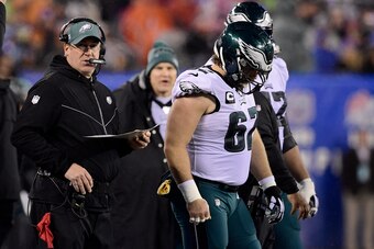 EAST RUTHERFORD, NEW JERSEY - DECEMBER 29: Head coach Doug Pederson of the Philadelphia Eagles looks on from the sideline against the New York Giants during the second quarter in the game at MetLife Stadium on December 29, 2019 in East Rutherford, New Jer