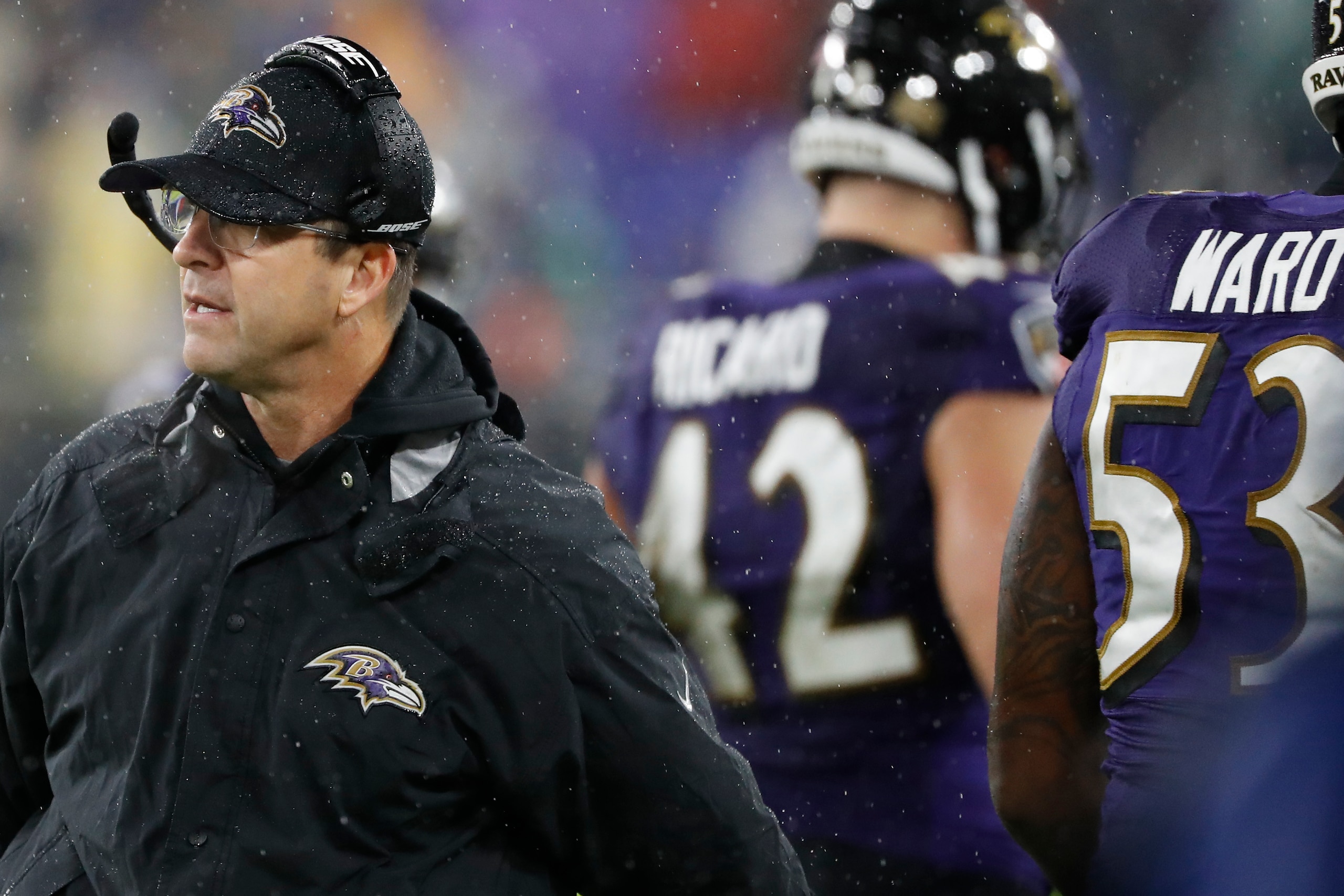 BALTIMORE, MARYLAND - DECEMBER 29: Head coach John Harbaugh of the Baltimore Ravens looks on from the sideline against the Pittsburgh Steelers during the third quarter at M&T Bank Stadium on December 29, 2019 in Baltimore, Maryland. (Photo by Scott Taetsc