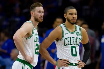 PHILADELPHIA, PA - OCTOBER 23: Gordon Hayward #20 and Jayson Tatum #0 of the Boston Celtics look on against the Philadelphia 76ers at the Wells Fargo Center on October 23, 2019 in Philadelphia, Pennsylvania. NOTE TO USER: User expressly acknowledges and a