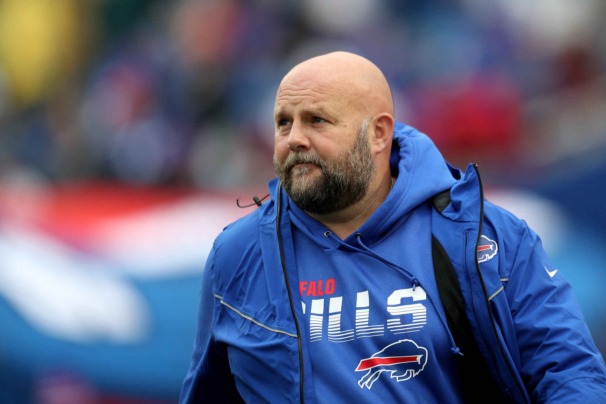 ORCHARD PARK, NEW YORK - OCTOBER 27: Offensive Coordinator Brian Daboll of the Buffalo Bills walks to the field before an NFL game against the Philadelphia Eagles at New Era Field on October 27, 2019 in Orchard Park, New York. (Photo by Bryan M. Bennett/G
