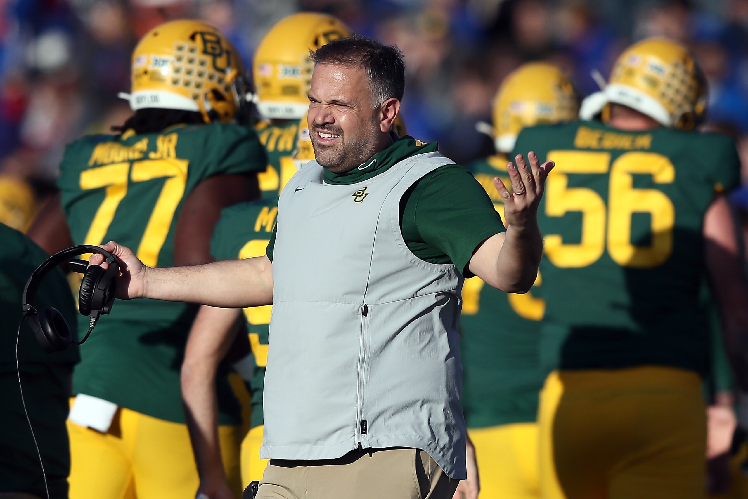 LAWRENCE, KANSAS - NOVEMBER 30:  Head coach Matt Rhule of the Baylor Bears reacts on the sidelines during the game against the Kansas Jayhawks at Memorial Stadium on November 30, 2019 in Lawrence, Kansas. (Photo by Jamie Squire/Getty Images)