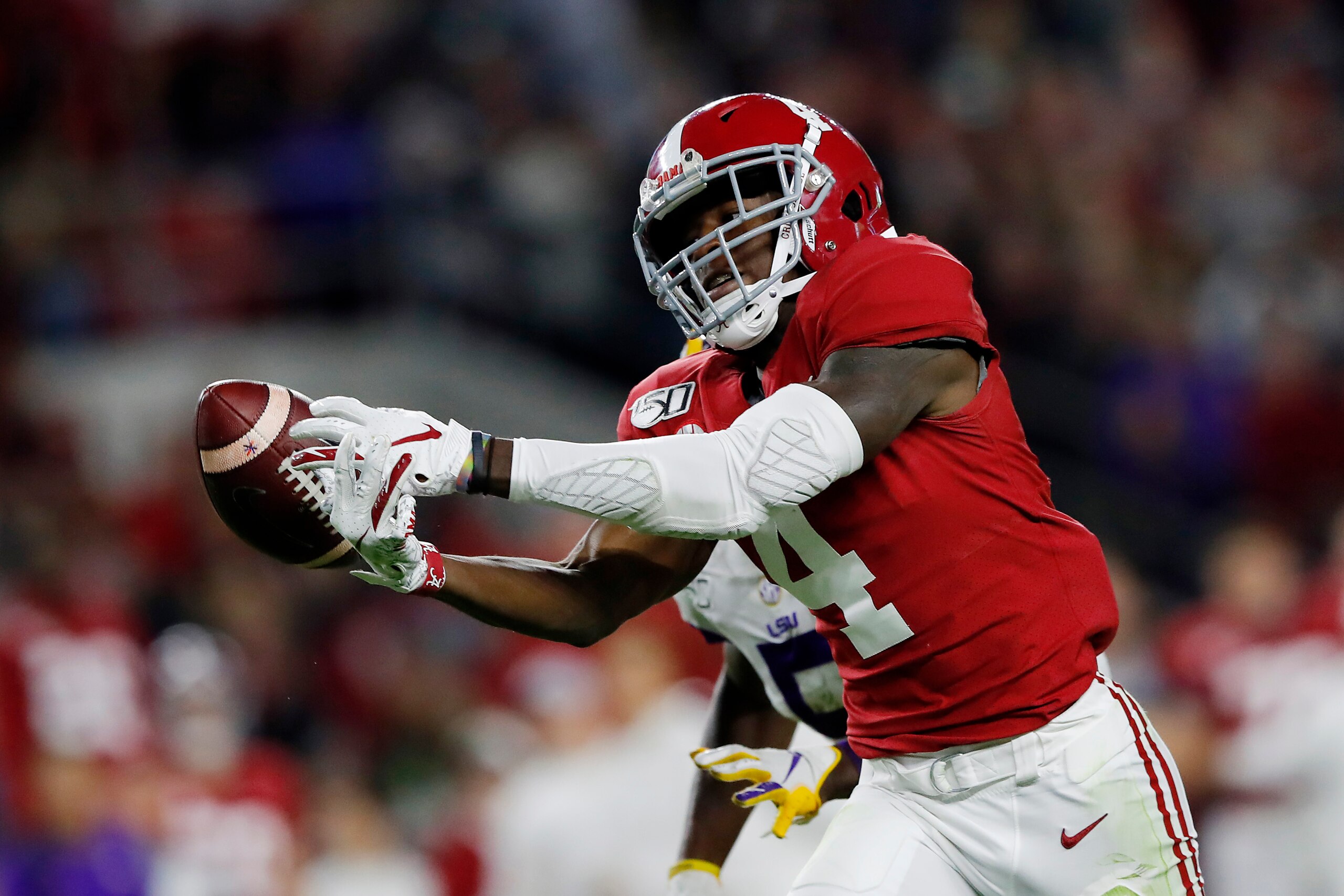 TUSCALOOSA, ALABAMA - NOVEMBER 09: Jerry Jeudy #4 of the Alabama Crimson Tide is unable to catch a deep pass during the second half against the LSU Tigers in the game at Bryant-Denny Stadium on November 09, 2019 in Tuscaloosa, Alabama. (Photo by Kevin C. 