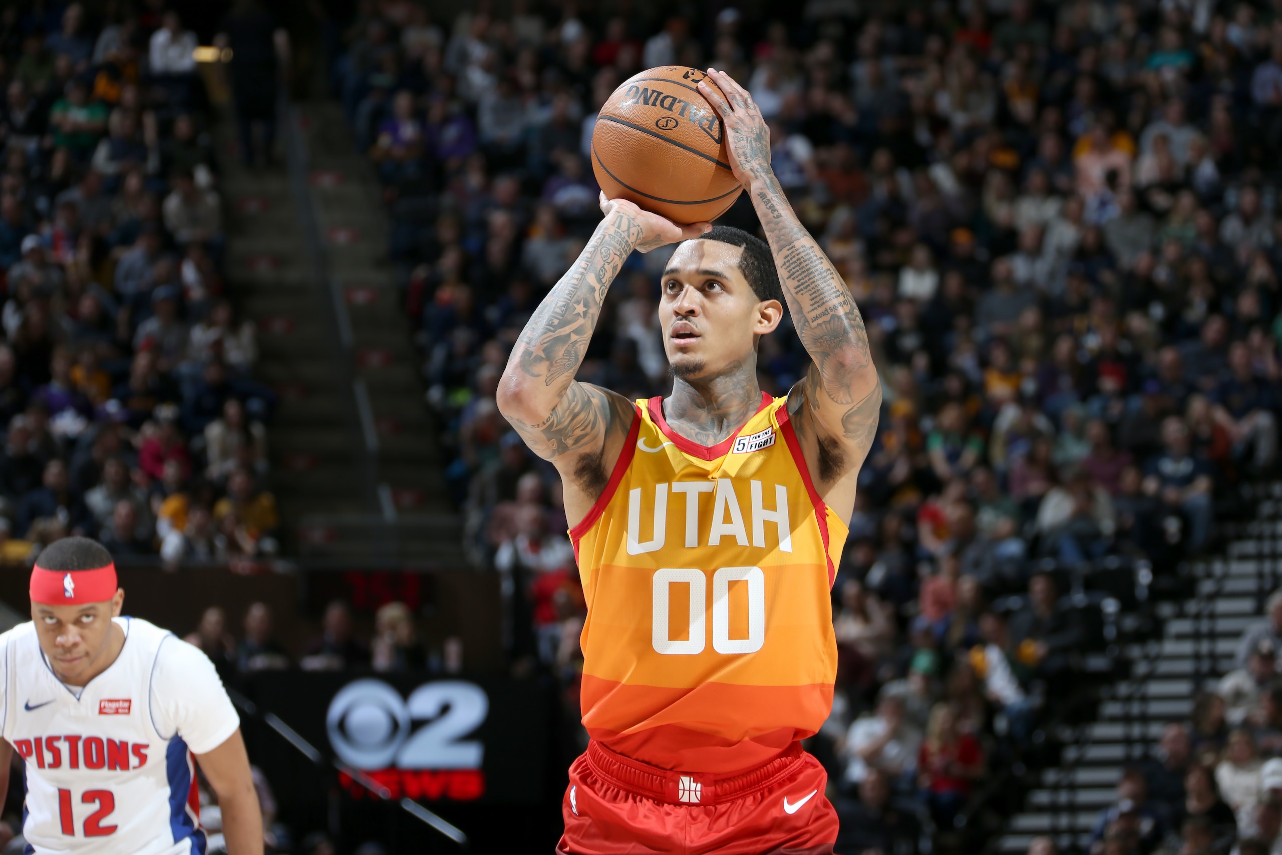 SALT LAKE CITY, UT - DECEMBER 30: Jordan Clarkson #00 of the Utah Jazz shoots a free throw against the Detroit Pistons on December 30, 2019 at Vivint Smart Home Arena in Salt Lake City, Utah. NOTE TO USER: User expressly acknowledges and agrees that, by d