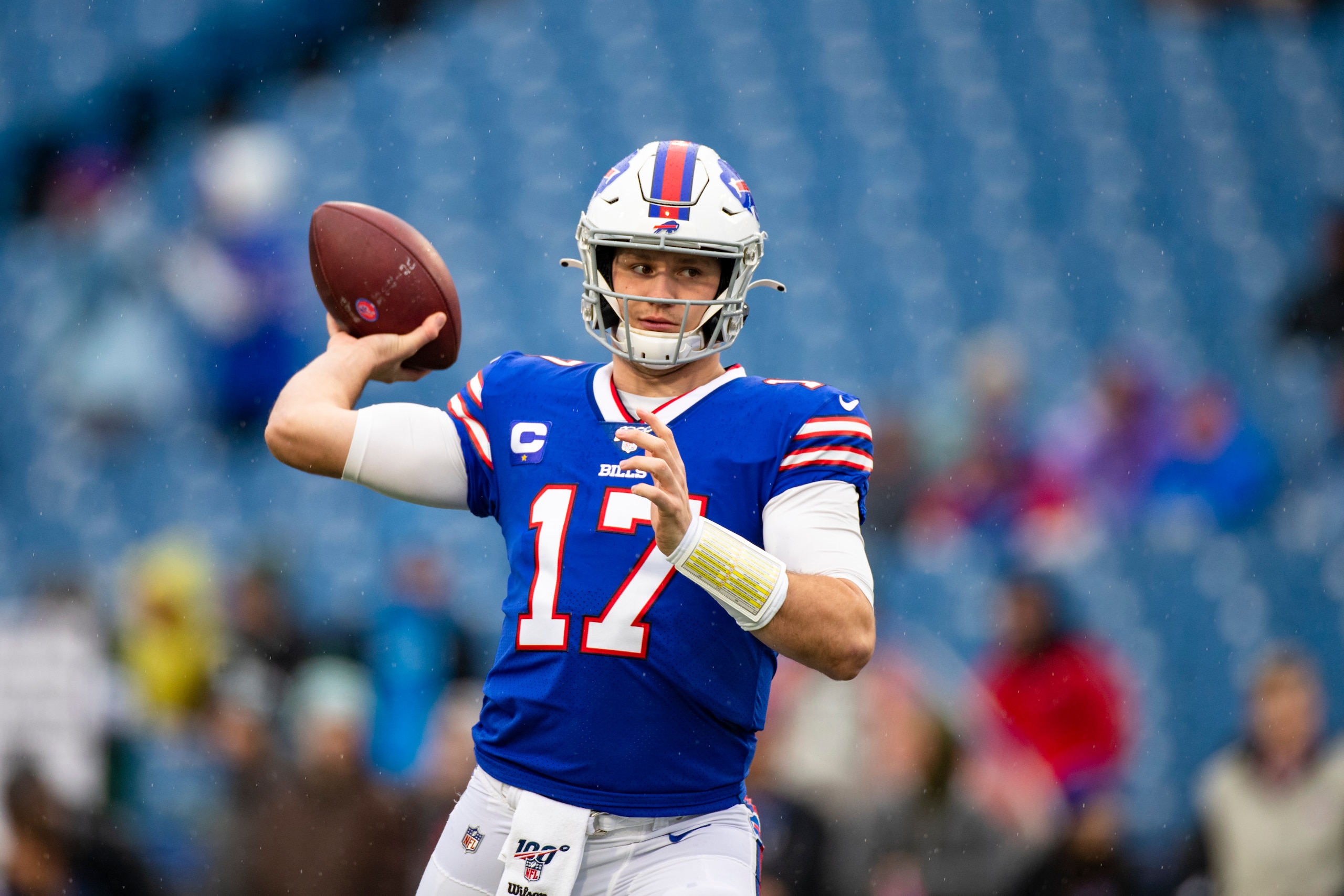 ORCHARD PARK, NY - DECEMBER 29:  Josh Allen #17 of the Buffalo Bills warms up before the game against the New York Jets at New Era Field on December 29, 2019 in Orchard Park, New York.  (Photo by Brett Carlsen/Getty Images)