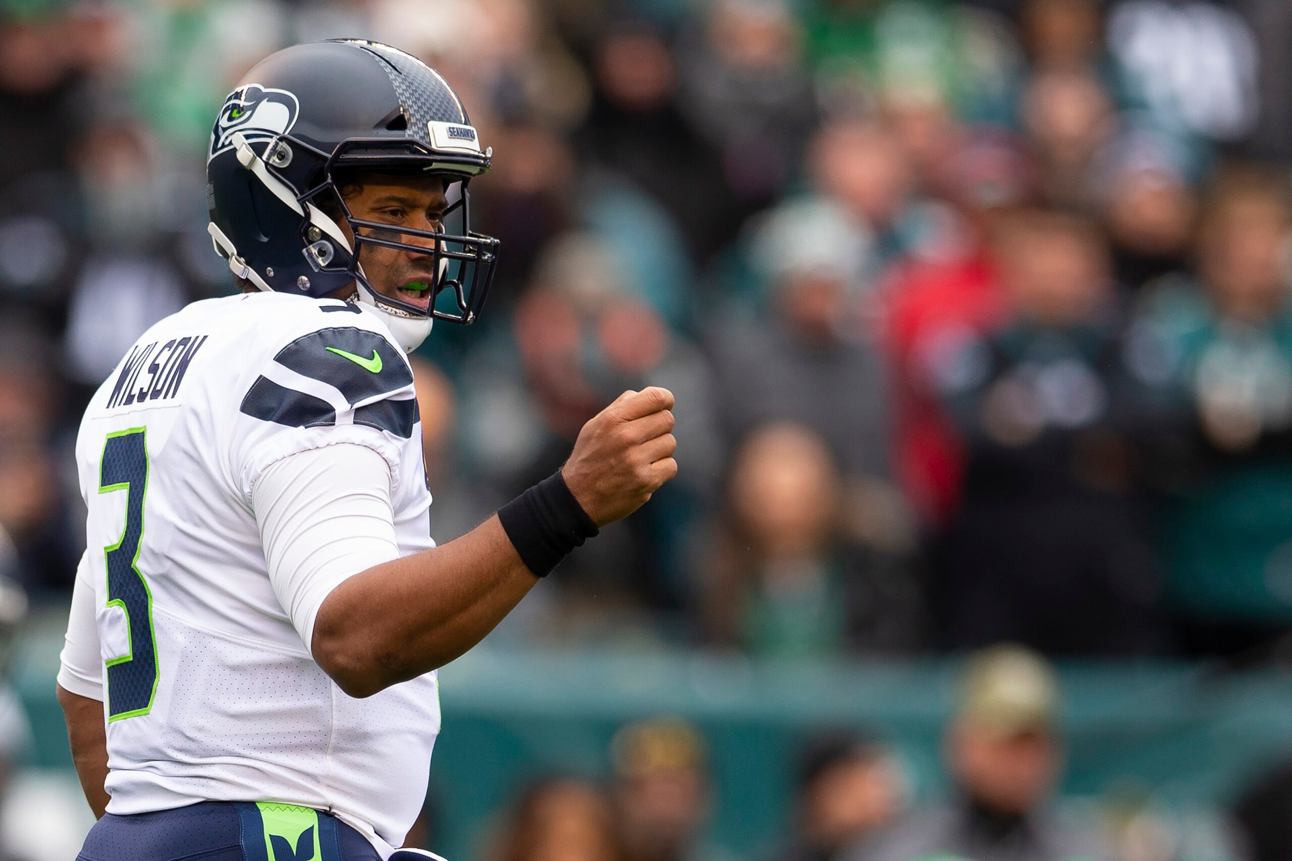 PHILADELPHIA, PA - NOVEMBER 24: Russell Wilson #3 of the Seattle Seahawks looks on against the Philadelphia Eagles at Lincoln Financial Field on November 24, 2019 in Philadelphia, Pennsylvania. (Photo by Mitchell Leff/Getty Images)