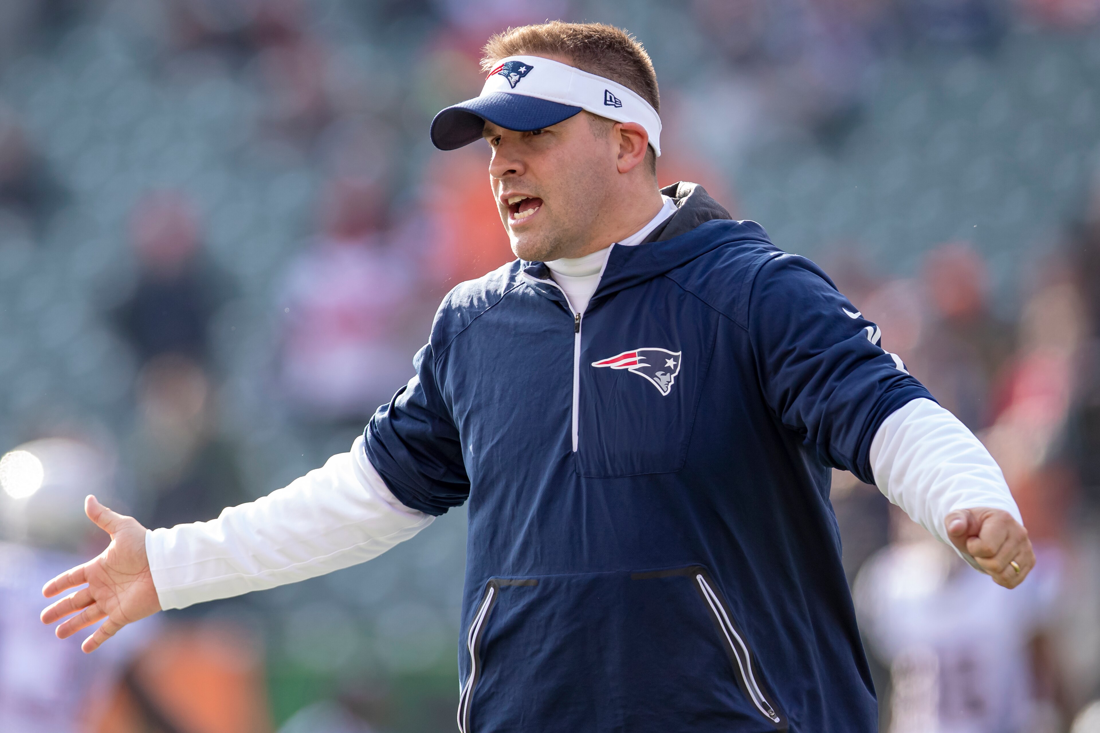 CINCINNATI, OH - DECEMBER 15: New England Patriots offensive coordinator Josh McDaniels is seen before the game against the Cincinnati Bengals at Paul Brown Stadium on December 15, 2019 in Cincinnati, Ohio. (Photo by Michael Hickey/Getty Images)