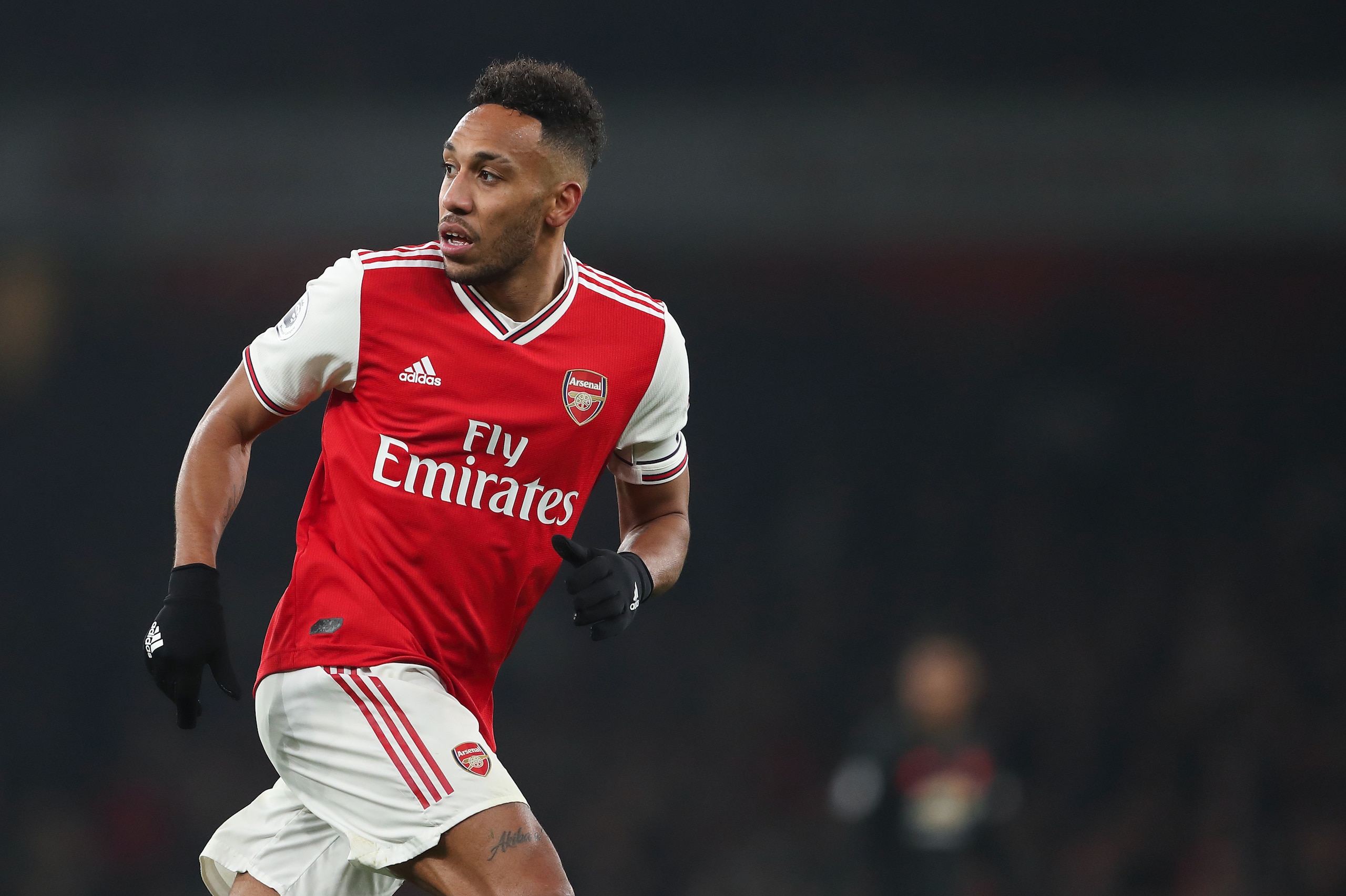 LONDON, ENGLAND - JANUARY 01: Pierre-Emerick Aubameyang of Arsenal during the Premier League match between Arsenal FC and Manchester United at Emirates Stadium on January 1, 2020 in London, United Kingdom. (Photo by James Williamson - AMA/Getty Images)