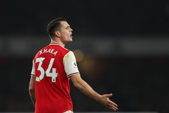 LONDON, ENGLAND - JANUARY 01: Granit Xhaka of Arsenal reacts during the Premier League match between Arsenal FC and Manchester United at Emirates Stadium on January 1, 2020 in London, United Kingdom. (Photo by James Williamson - AMA/Getty Images)