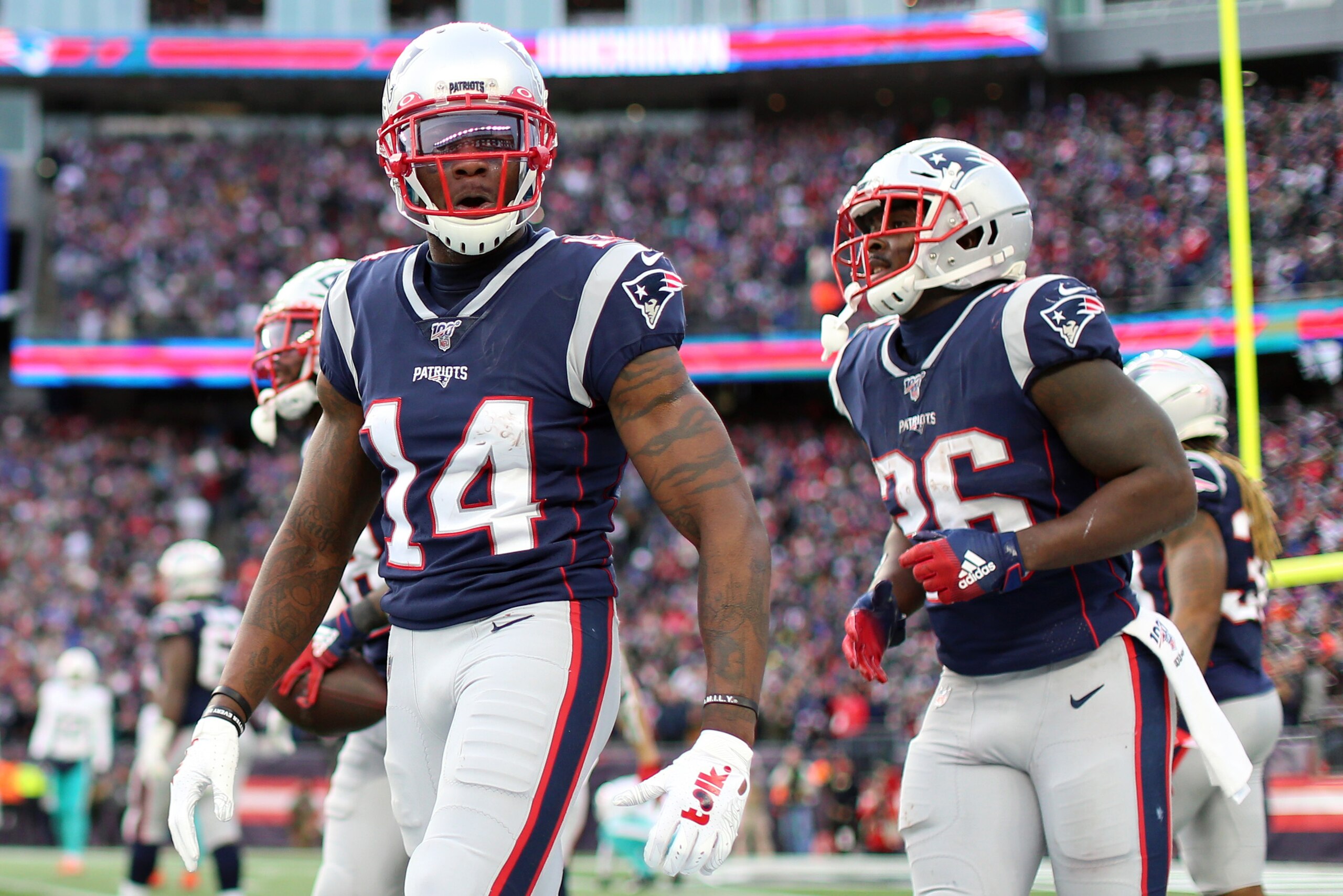 FOXBOROUGH, MASSACHUSETTS - DECEMBER 29: Mohamed Sanu #14 of the New England Patriots celebrates during the game against the Miami Dolphins at Gillette Stadium on December 29, 2019 in Foxborough, Massachusetts. The Dolphins defeat the Patriots 27-24. (P FOXBOROUGH, MASSACHUSETTS - DECEMBER 29: Mohamed Sanu #14 of the New England Patriots celebrates during the game against the Miami Dolphins at Gillette Stadium on December 29, 2019 in Foxborough, Massachusetts. The Dolphins defeat the Patriots 27-24. (P