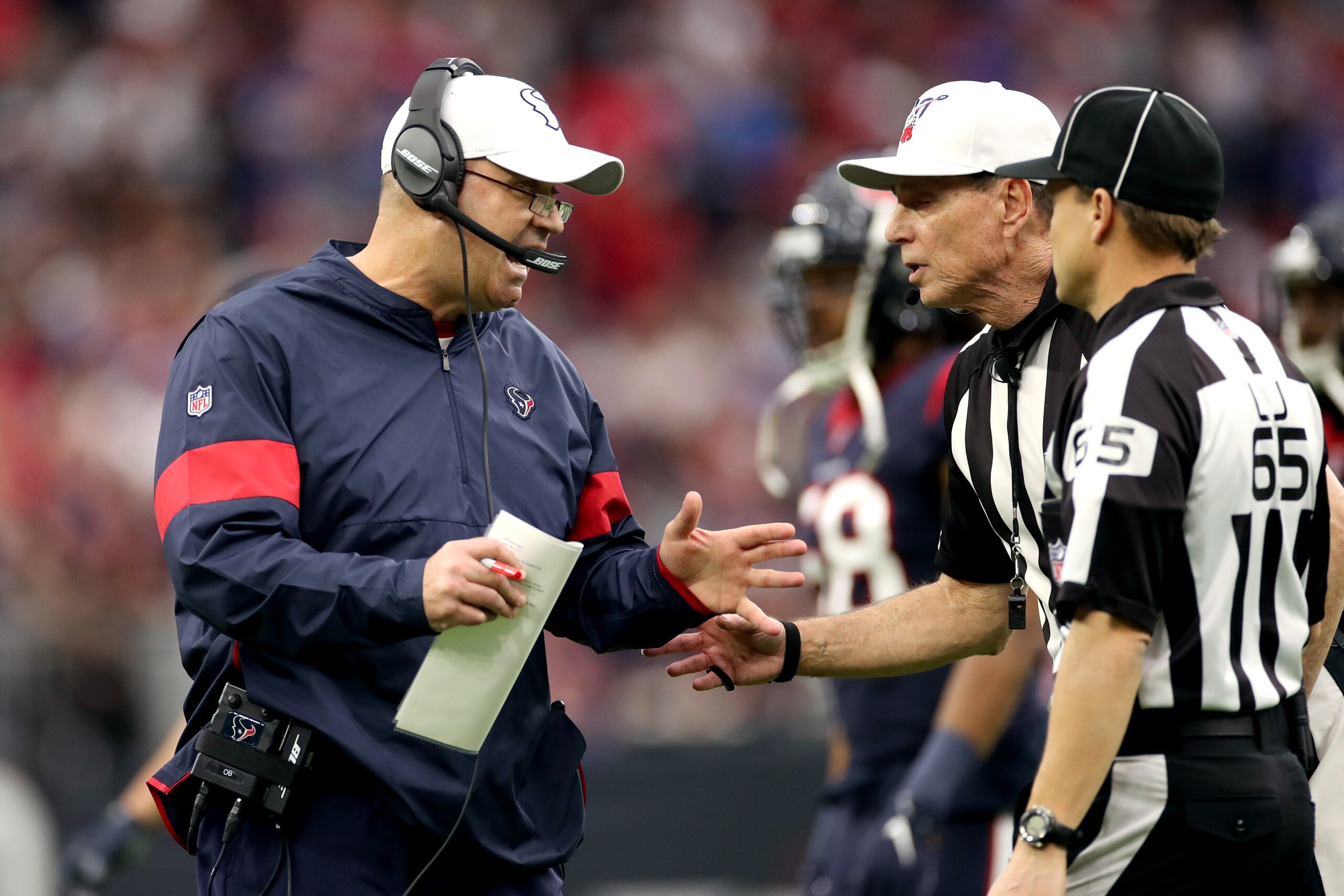 HOUSTON, TEXAS - JANUARY 04:  Head coach Bill O'Brien of the Houston Texans argues a call with the officials during the first quarter against the Buffalo Bills of the AFC Wild Card Playoff game at NRG Stadium on January 04, 2020 in Houston, Texas. (Photo 