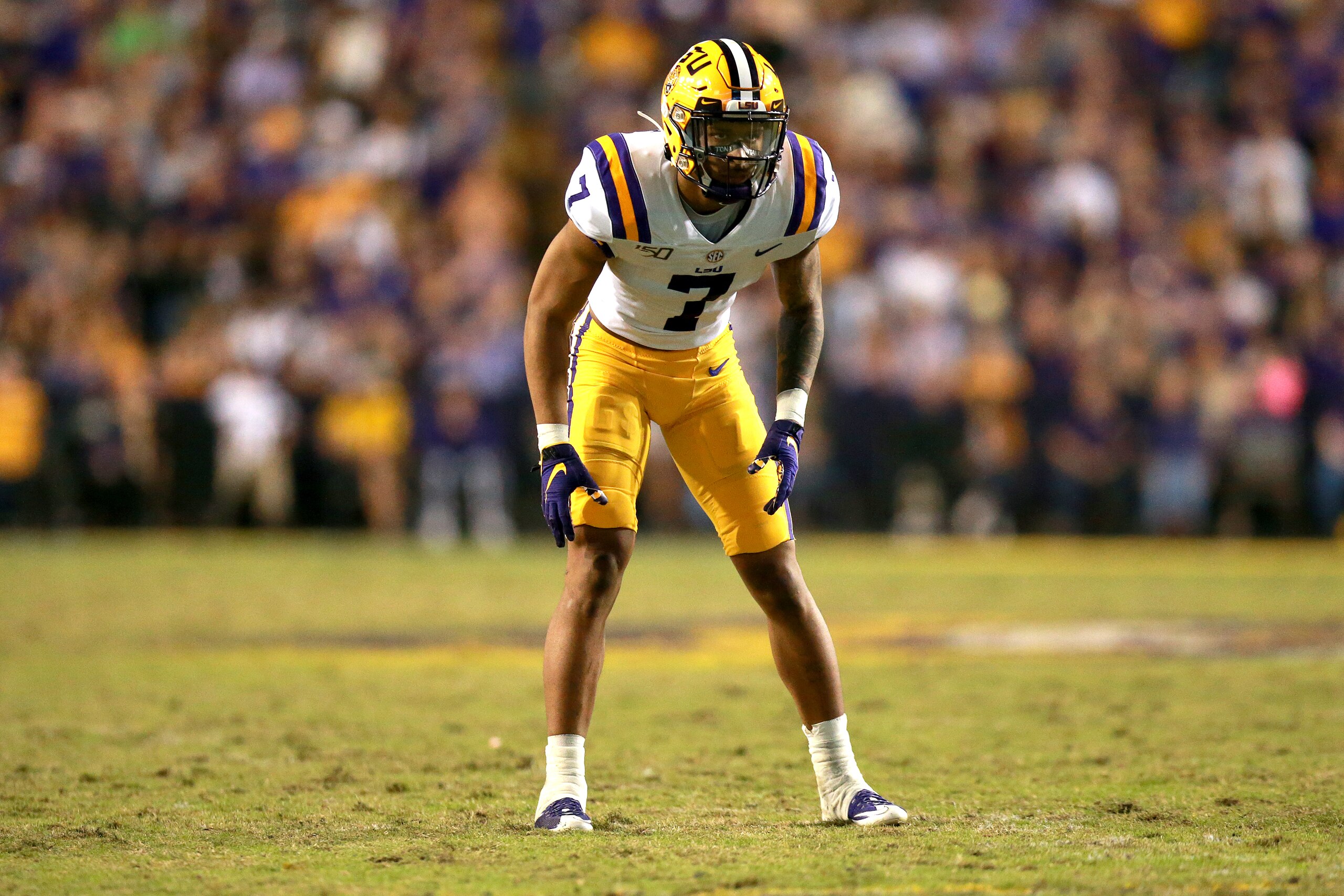 BATON ROUGE, LOUISIANA - NOVEMBER 30: Grant Delpit #7 of the LSU Tigers in action during a game at Tiger Stadium against the Texas A&M Aggies on November 30, 2019 in Baton Rouge, Louisiana. (Photo by Sean Gardner/Getty Images)