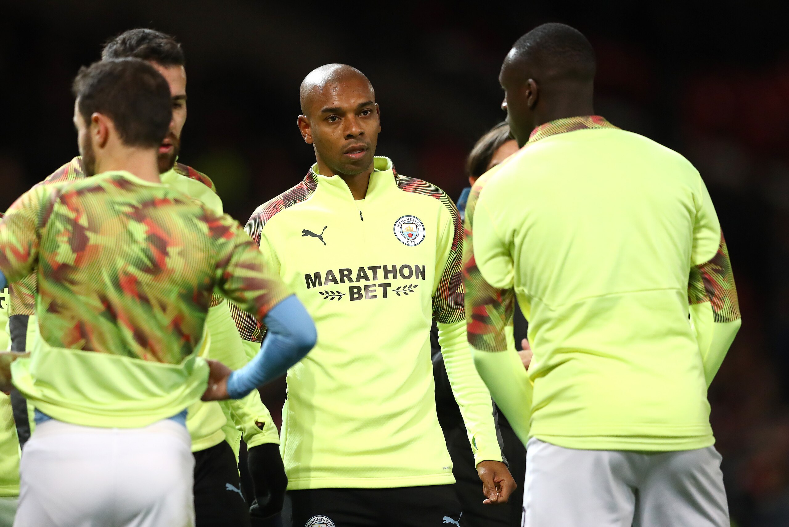 MANCHESTER, ENGLAND - JANUARY 07: Fernandinho of Manchester City warms up prior to the Carabao Cup Semi Final match between Manchester United and Manchester City at Old Trafford on January 07, 2020 in Manchester, England. (Photo by Michael Steele/Getty Im