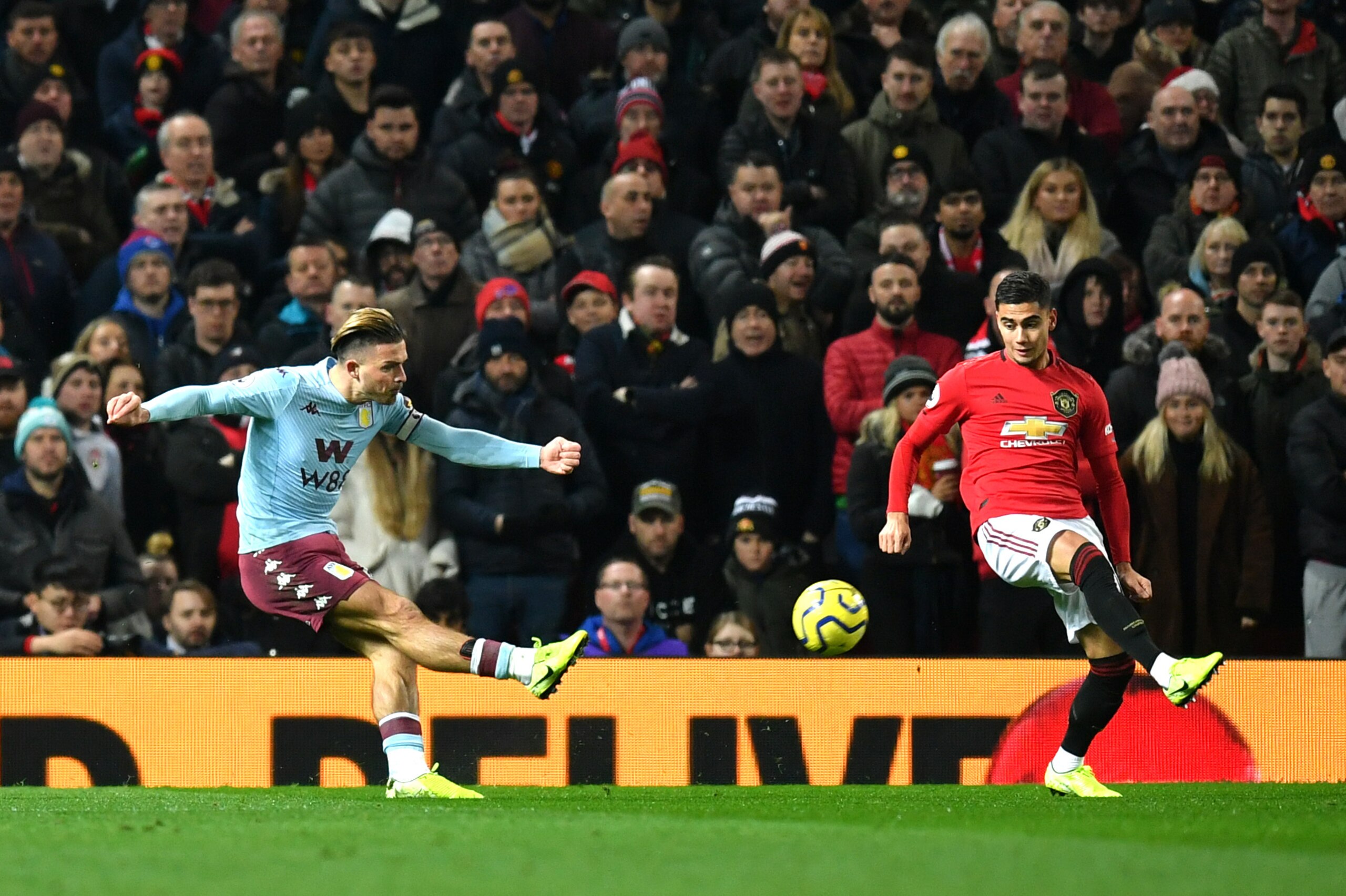 MANCHESTER, ENGLAND - DECEMBER 01: Jack Grealish of Aston Villa scores his sides first goal during the Premier League match between Manchester United and Aston Villa at Old Trafford on December 01, 2019 in Manchester, United Kingdom. (Photo by Dan Mullan/