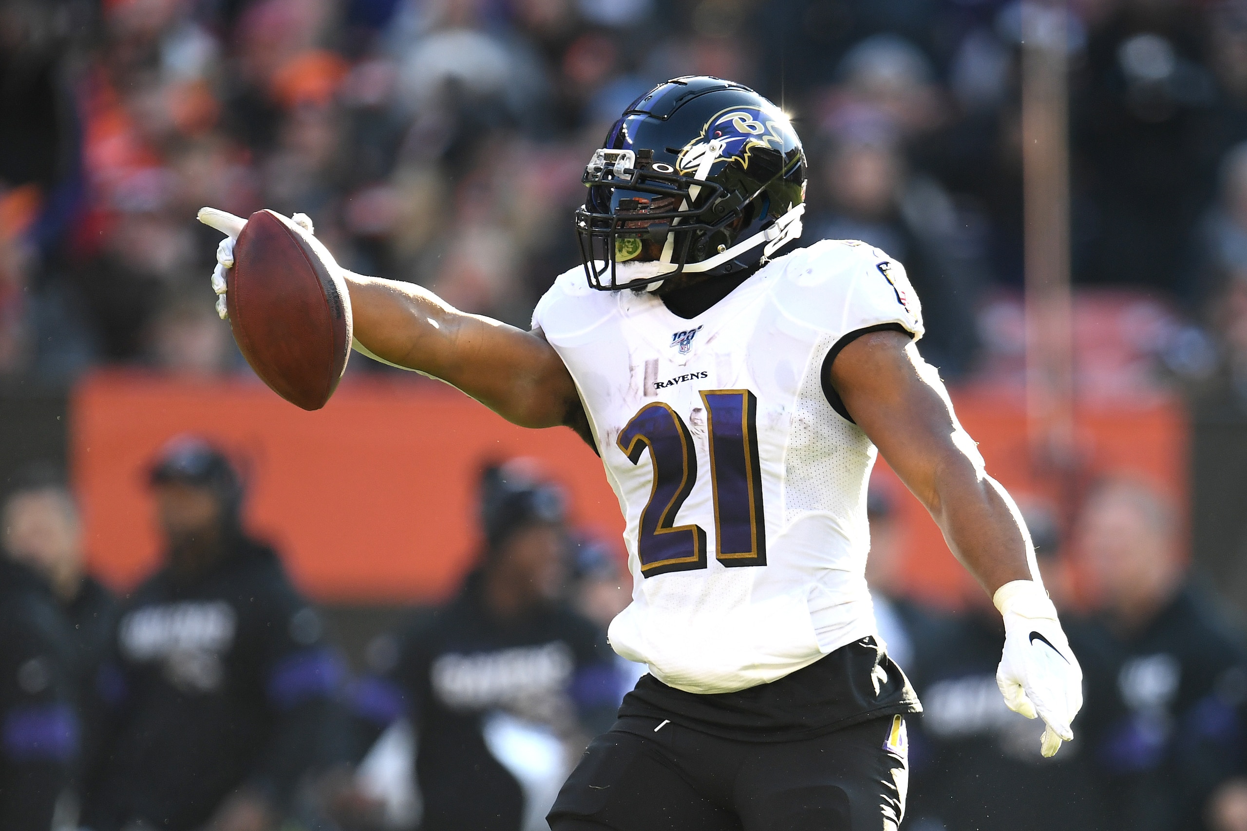 CLEVELAND, OHIO - DECEMBER 22: Mark Ingram #21 of the Baltimore Ravens celebrates a first down against the Cleveland Browns during the second quarter in the game at FirstEnergy Stadium on December 22, 2019 in Cleveland, Ohio. (Photo by Jason Miller/Getty 