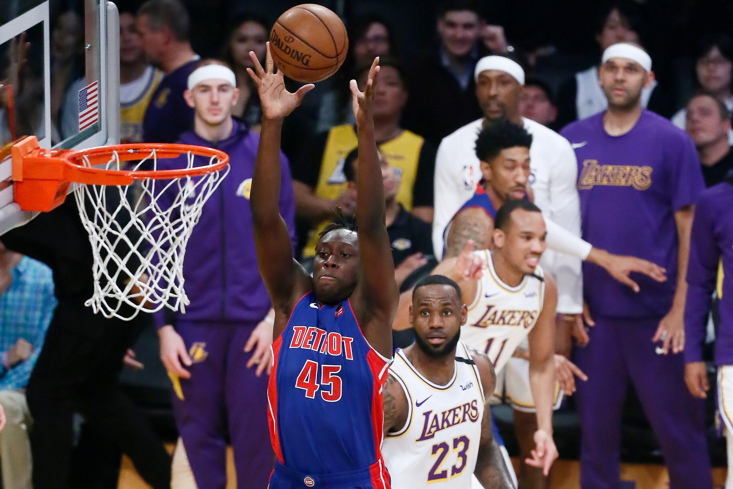 LOS ANGELES, CA - JANUARY 5: Sekou Doumbouya #45 of the Detroit Pistons dunks the ball against the Los Angeles Lakers on January 5, 2020 at STAPLES Center in Los Angeles, California. NOTE TO USER: User expressly acknowledges and agrees that, by downloadin