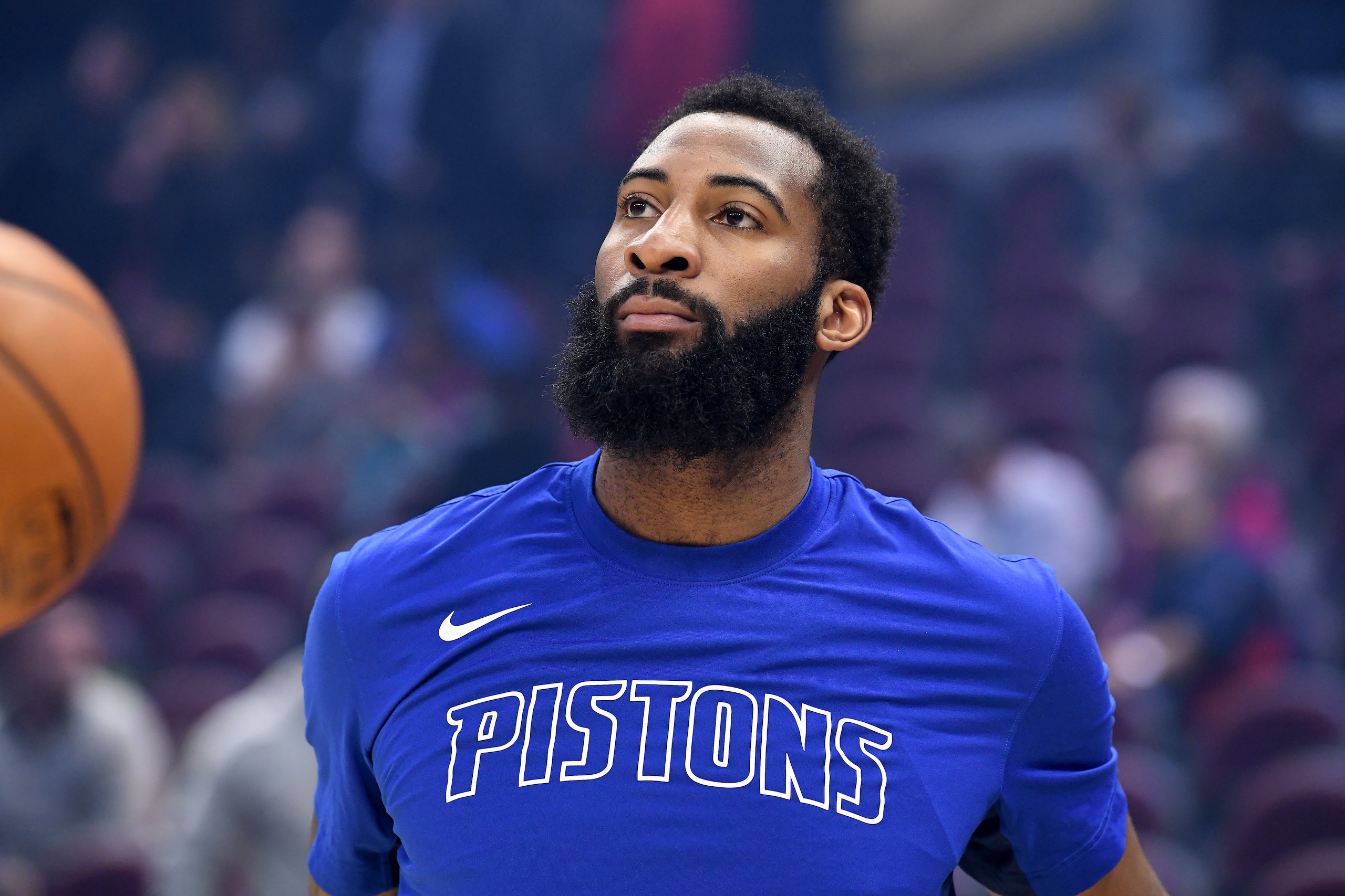 CLEVELAND, OHIO - JANUARY 07: Andre Drummond #0 of the Detroit Pistons during warmups prior to the game against the Cleveland Cavaliers at Rocket Mortgage Fieldhouse on January 07, 2020 in Cleveland, Ohio. NOTE TO USER: User expressly acknowledges and agr