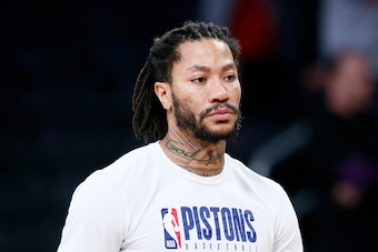 LOS ANGELES, CA - JANUARY 5: A close up shot of Derrick Rose #25 of the Detroit Pistons warming up before the game against the Los Angeles Lakers on January 5, 2020 at STAPLES Center in Los Angeles, California. NOTE TO USER: User expressly acknowledges an