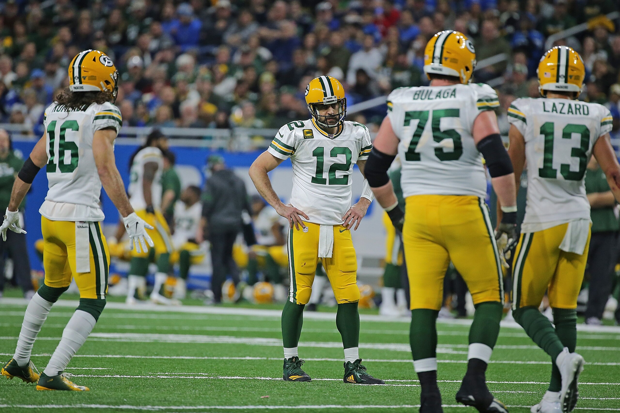 DETROIT, MI - DECEMBER 29: Aaron Rodgers #12 of the Green Bay Packers reacts to a dropped pass during the second quarter of the game against the Detroit Lions at Ford Field on December 29, 2019 in Detroit, Michigan. Green Bay defeated Detroit 23-20. (Phot