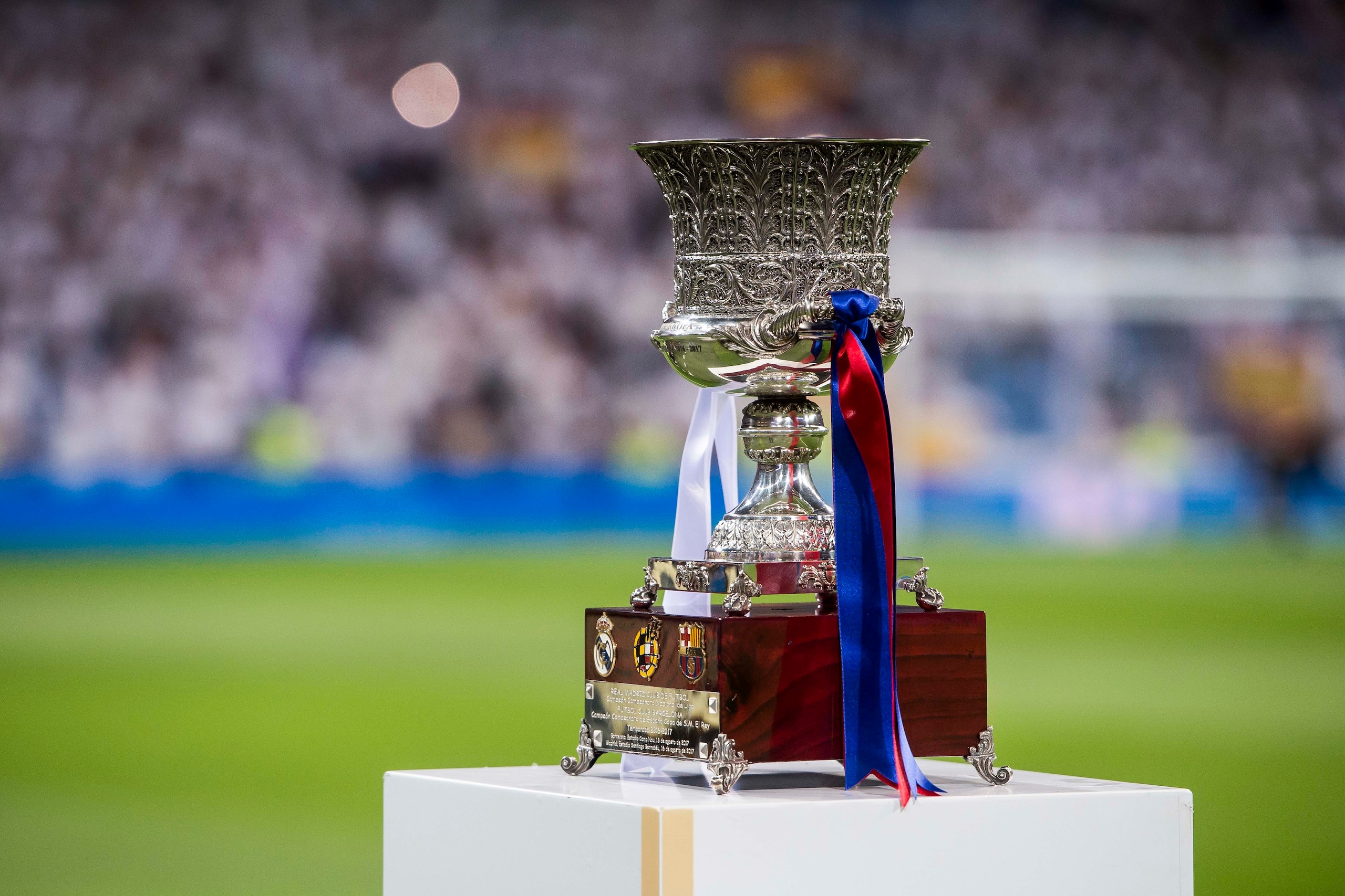 MADRID, SPAIN - AUGUST 16 - The Supercopa de Espana trophy is seen prior to the Supercopa de Espana Final 2nd Leg match between Real Madrid and FC Barcelona at the Estadio Santiago Bernabeu on 16 August 2017 in Madrid, Spain. (Photo by Power Sport Images/