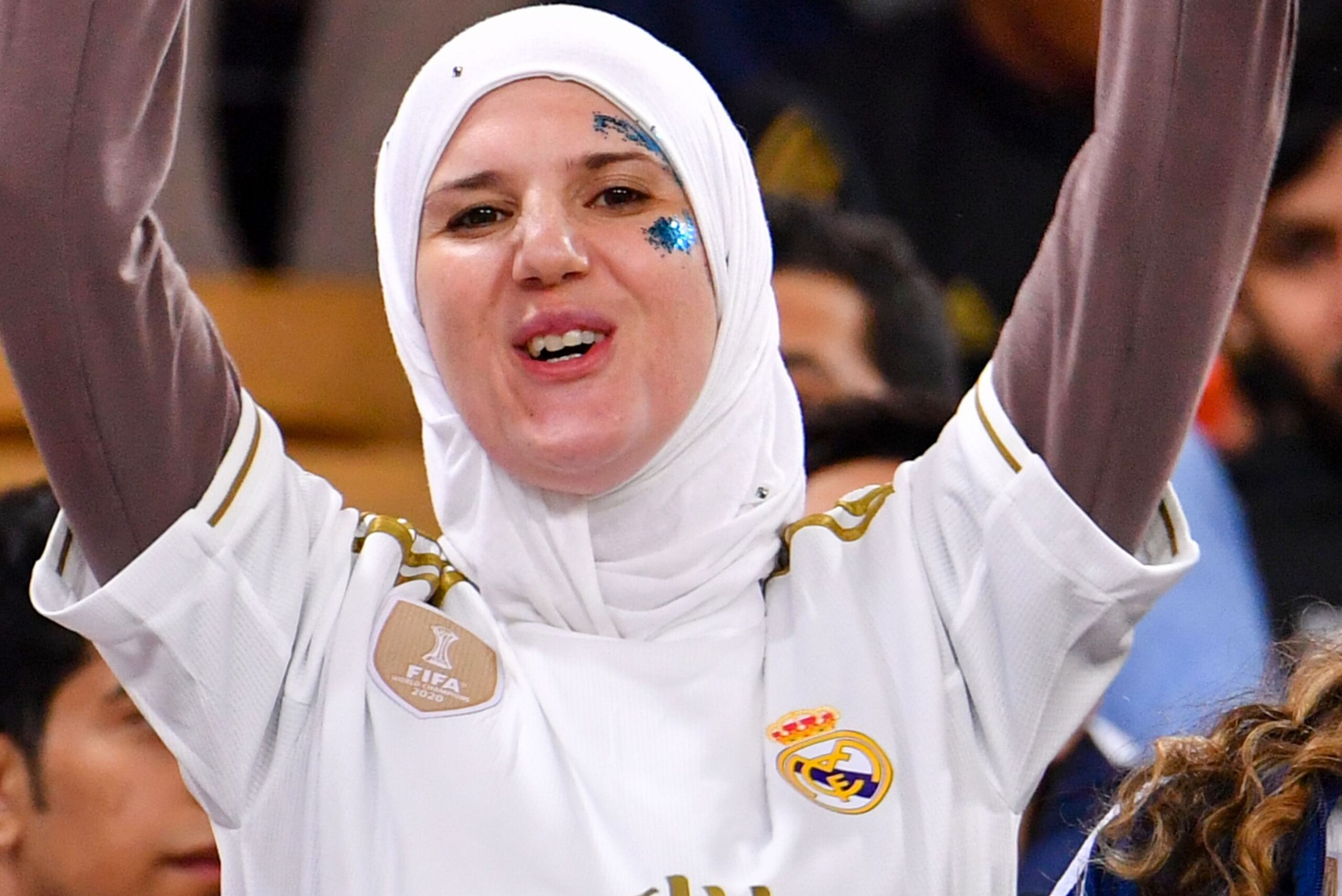 A Real Madrid supporter cheers ahead of the Spanish Super Cup semi final between Valencia and Real Madrid on January 8, 2020, at the King Abdullah Sport City in the Saudi Arabian port city of Jeddah. (Photo by GIUSEPPE CACACE / AFP) (Photo by GIUSEPPE CAC