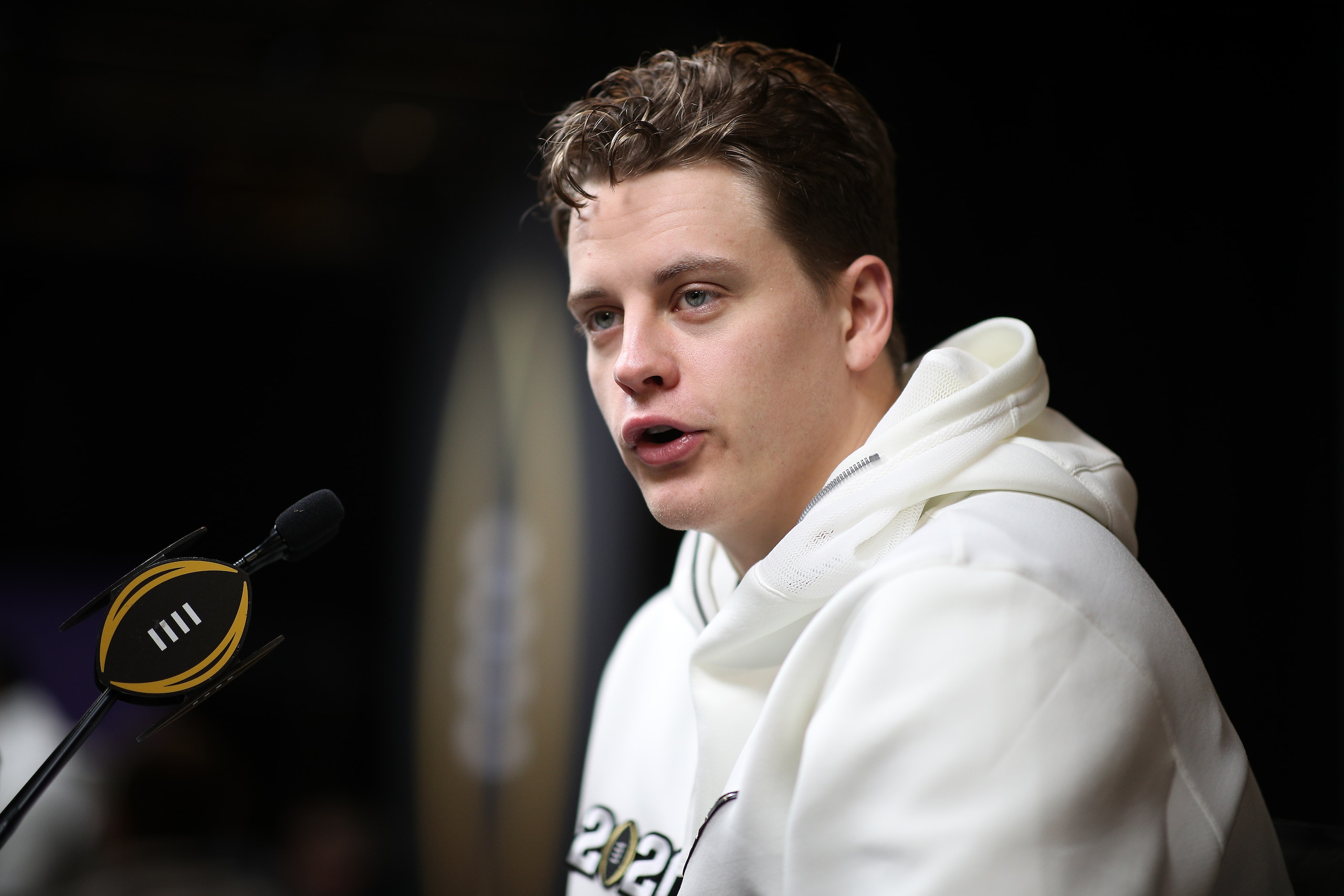 NEW ORLEANS, LOUISIANA - JANUARY 11:  Joe Burrow #9 of the LSU Tigers attends media day for the College Football Playoff National Championship on January 11, 2020 in New Orleans, Louisiana. (Photo by Chris Graythen/Getty Images)