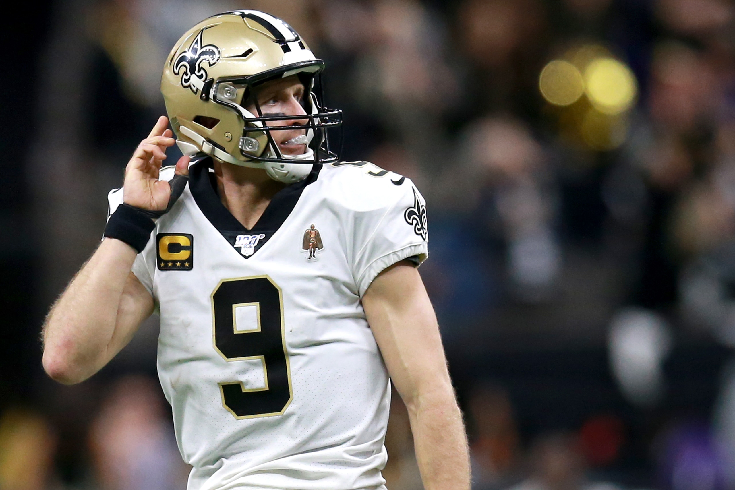 NEW ORLEANS, LOUISIANA - JANUARY 05: Drew Brees #9 of the New Orleans Saints reats during the NFC Wild Card Playoff game against the Minnesota Vikings at Mercedes Benz Superdome on January 05, 2020 in New Orleans, Louisiana. (Photo by Sean Gardner/Getty I