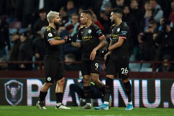 BIRMINGHAM, ENGLAND - JANUARY 12: Sergio Aguero and Riyad Mahrez congratulate Gabriel Jesus of Manchester City after scoring a goal to make it 0-4 during the Premier League match between Aston Villa and Manchester City at Villa Park on January 12, 2020 in