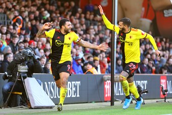 BOURNEMOUTH, ENGLAND - JANUARY 12:  Troy Deeney of Watford celebrates after scoring his sides second goal  during the Premier League match between AFC Bournemouth and Watford FC at Vitality Stadium on January 12, 2020 in Bournemouth, United Kingdom. (Phot