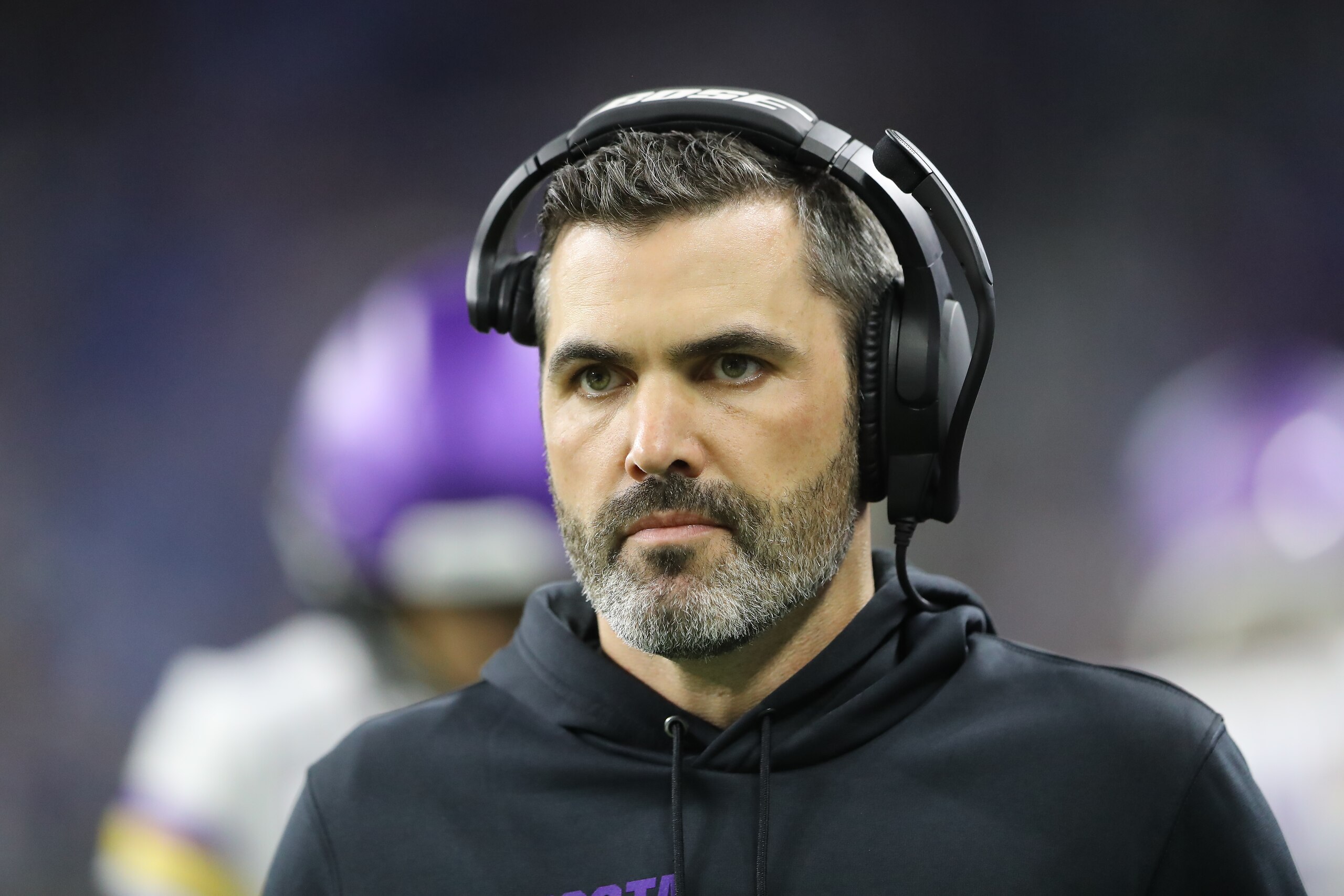 DETROIT, MI - OCTOBER 20: Minnesota Vikings offensive coordinator Kevin Stefanski looks on  during a game against the Detroit Lions at Ford Field on October 20, 2019 in Detroit, Michigan. (Photo by Rey Del Rio/Getty Images)