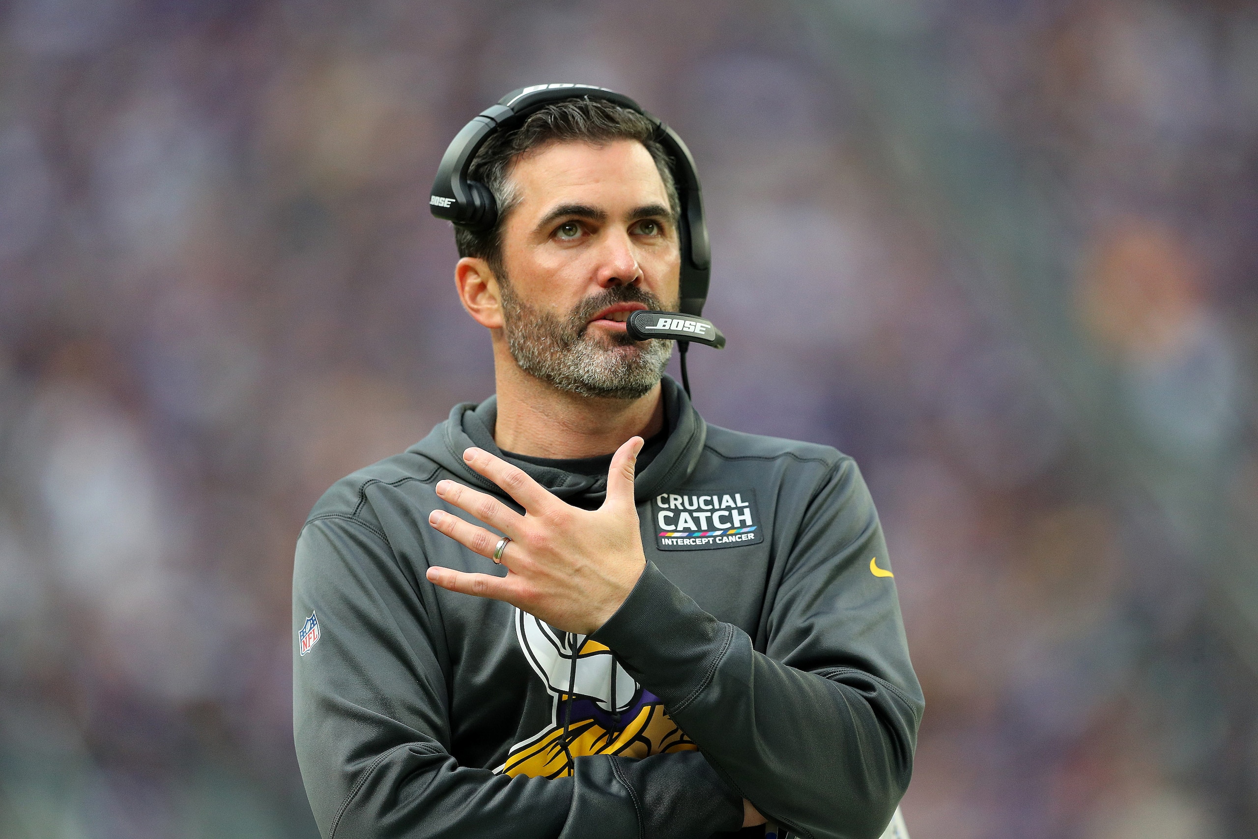 MINNEAPOLIS, MN - OCTOBER 13: Minnesota Vikings Offensive Coordinator Kevin Stefanski calls plays in the fourth quarter against the Philadelphia Eagles at U.S. Bank Stadium on October 13, 2019 in Minneapolis, Minnesota. The Minnesota Vikings defeated the 