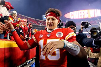 KANSAS CITY, MISSOURI - JANUARY 12:  Patrick Mahomes #15 of the Kansas City Chiefs celebrates his teams win against the Houston Texans in the AFC Divisional playoff game at Arrowhead Stadium on January 12, 2020 in Kansas City, Missouri. (Photo by Jamie Sq