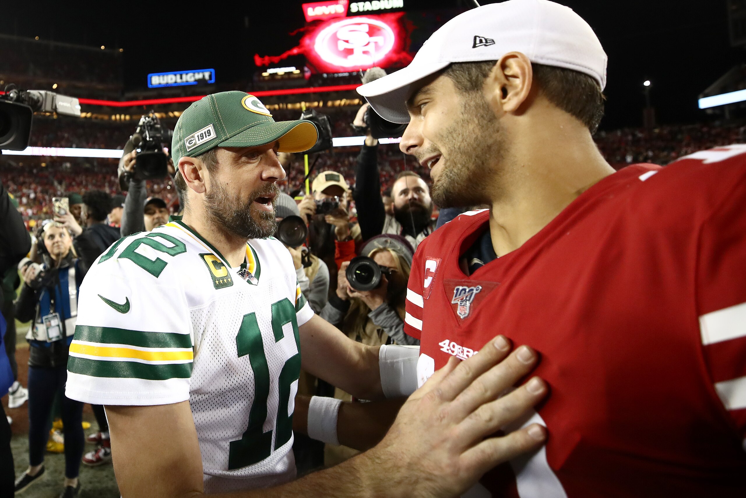 SANTA CLARA, CALIFORNIA - NOVEMBER 24:  Aaron Rodgers #12 of the Green Bay Packers shakes hands with Jimmy Garoppolo #10 of the San Francisco 49ers after their game at Levi's Stadium on November 24, 2019 in Santa Clara, California. (Photo by Ezra Shaw/Get