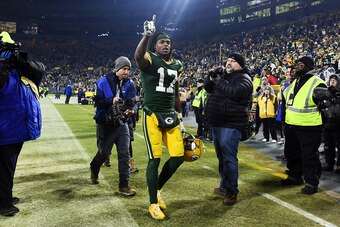 GREEN BAY, WISCONSIN - JANUARY 12: Davante Adams #17 of the Green Bay Packers reacts after defeating the Seattle Seahawks 28-23 in the NFC Divisional Playoff game at Lambeau Field on January 12, 2020 in Green Bay, Wisconsin. (Photo by Stacy Revere/Getty I