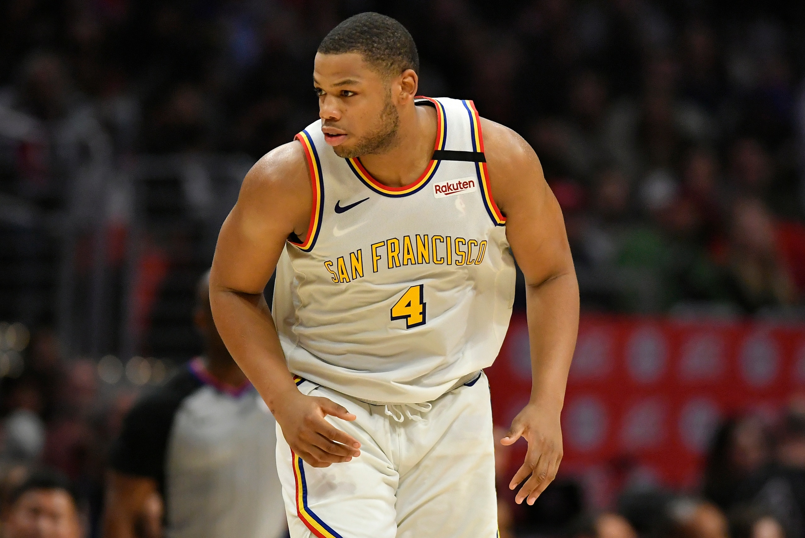 LOS ANGELES, CA - JANUARY 10: Omari Spellman #4 of the Golden State Warriors while playing the LA Clippers at Staples Center on January 10, 2020 in Los Angeles, California. NOTE TO USER: User expressly acknowledges and agrees that, by downloading and/or u