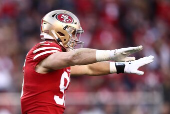 SANTA CLARA, CALIFORNIA - JANUARY 11: Nick Bosa #97 of the San Francisco 49ers reacts to a broken up pass play during the third quarter against the Minnesota Vikings during the NFC Divisional Round Playoff game at Levi's Stadium on January 11, 2020 in San