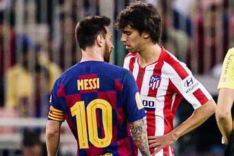 JEDDAH, SAUDI ARABIA - JANUARY 09: Lionel Messi of FC Barcelona (L) faces Joao Felix of Atletico de Madrid (R) during the Supercopa de Espana Semi-Final match between FC Barcelona and Club Atletico de Madrid at King Abdullah Sports City on January 9, 2020