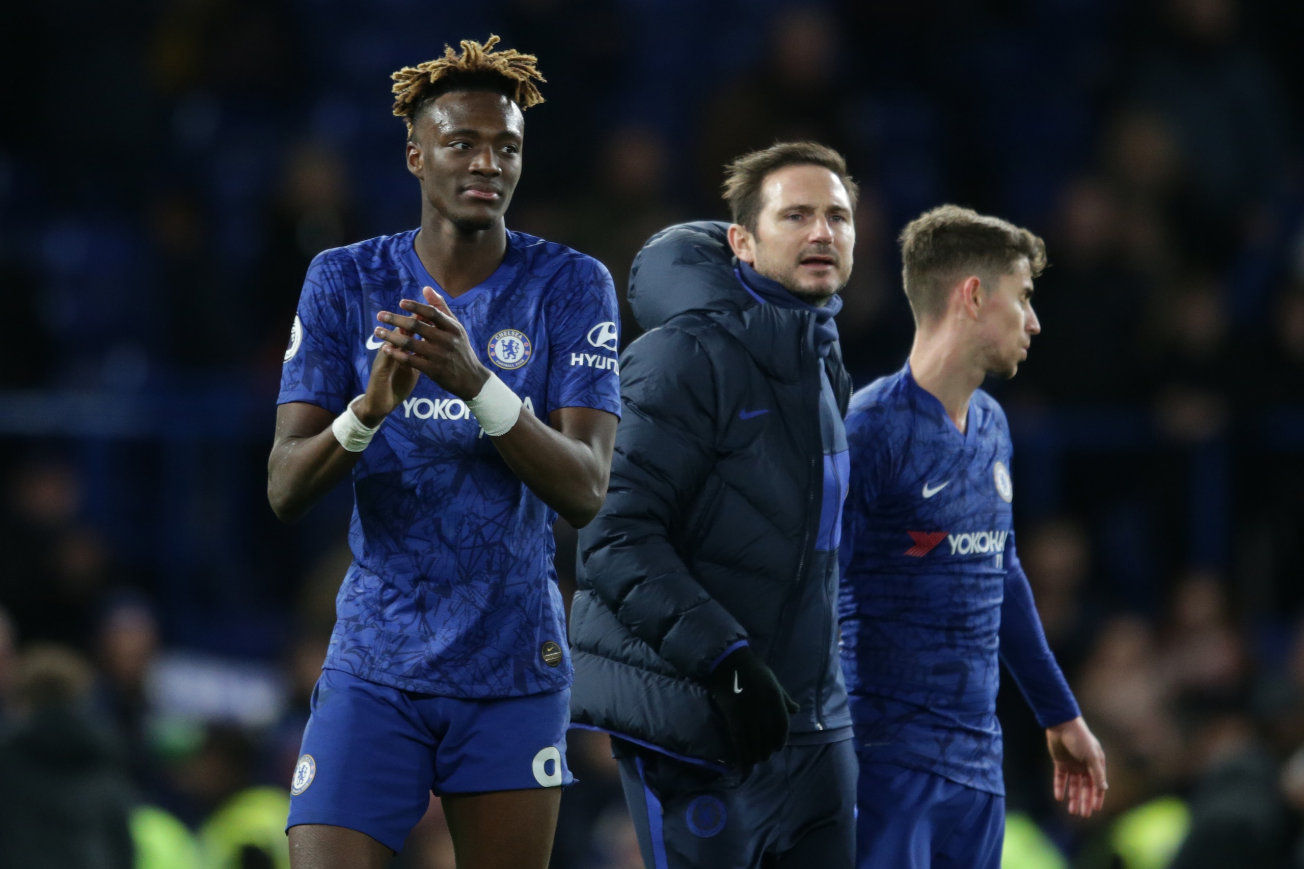 LONDON, ENGLAND - JANUARY 11: Tammy Abraham and Frank Lampard of Chelsea after their sides 3-0 win during the Premier League match between Chelsea FC and Burnley FC at Stamford Bridge on January 11, 2020 in London, United Kingdom. (Photo by Robin Jones/Ge