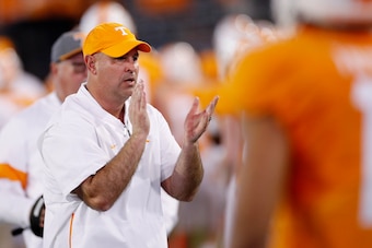 JACKSONVILLE, FL - JANUARY 02: Head coach Jeremy Pruitt of the Tennessee Volunteers looks on in the first half of the TaxSlayer Gator Bowl against the Indiana Hoosiers at TIAA Bank Field on January 2, 2020 in Jacksonville, Florida. (Photo by Joe Robbins/G