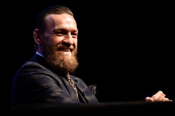 LAS VEGAS, NEVADA - JANUARY 15: Conor McGregor of Ireland interacts with the crowd during the UFC 246 press conference at Pearl Theater at the Palms Casino Resort on January 15, 2020 in Las Vegas, Nevada. (Photo by Chris Unger/Zuffa LLC via Getty Images)
