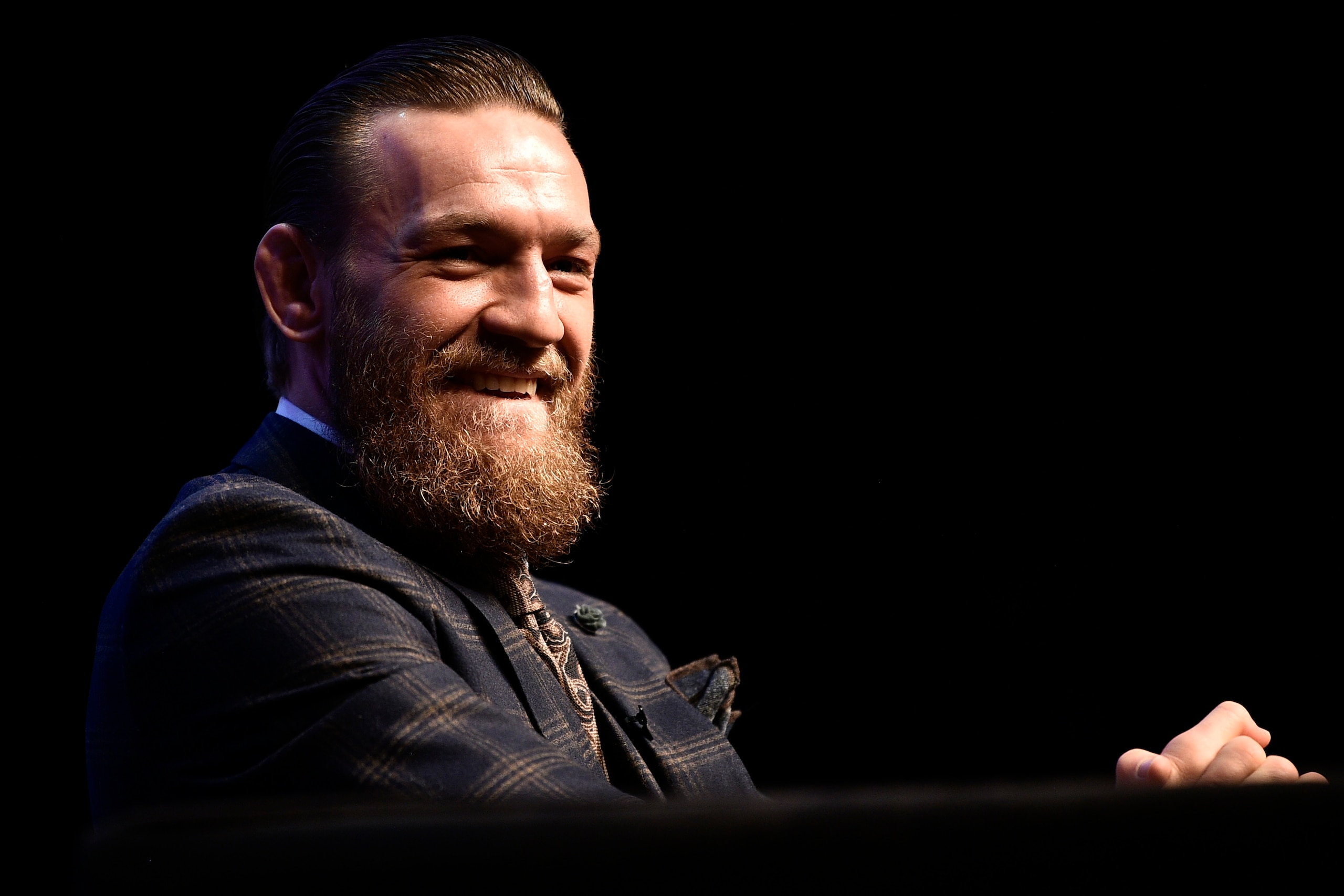 LAS VEGAS, NEVADA - JANUARY 15: Conor McGregor of Ireland interacts with the crowd during the UFC 246 press conference at Pearl Theater at the Palms Casino Resort on January 15, 2020 in Las Vegas, Nevada. (Photo by Chris Unger/Zuffa LLC via Getty Images) LAS VEGAS, NEVADA - JANUARY 15: Conor McGregor of Ireland interacts with the crowd during the UFC 246 press conference at Pearl Theater at the Palms Casino Resort on January 15, 2020 in Las Vegas, Nevada. (Photo by Chris Unger/Zuffa LLC via Getty Images)